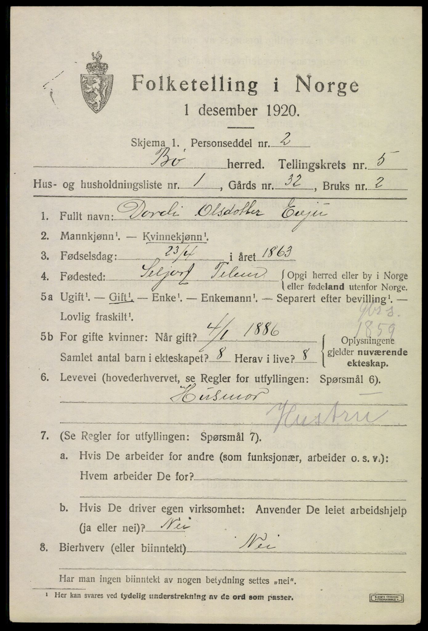 SAKO, 1920 census for Bø (Telemark), 1920, p. 3600