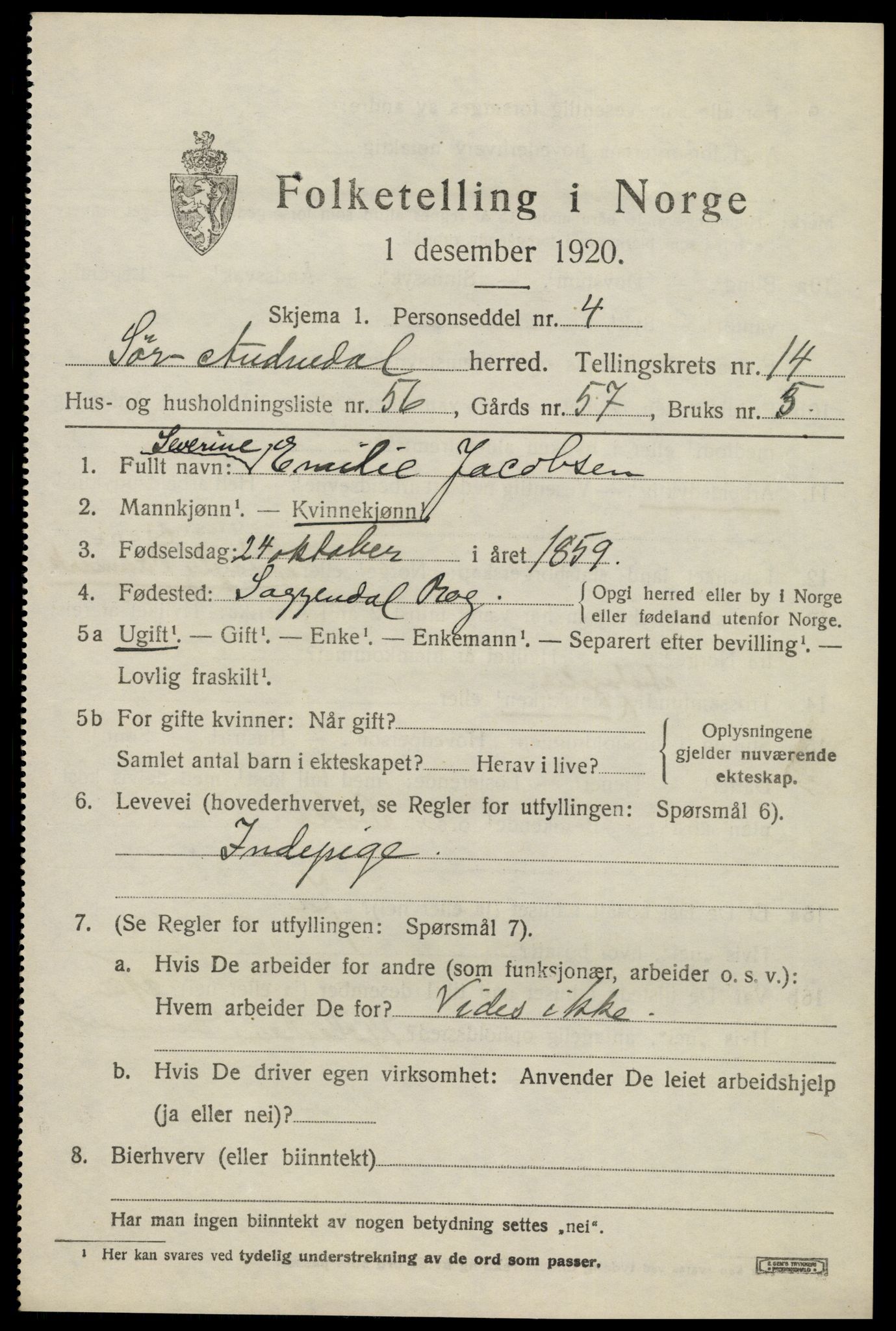 SAK, 1920 census for Sør-Audnedal, 1920, p. 5717