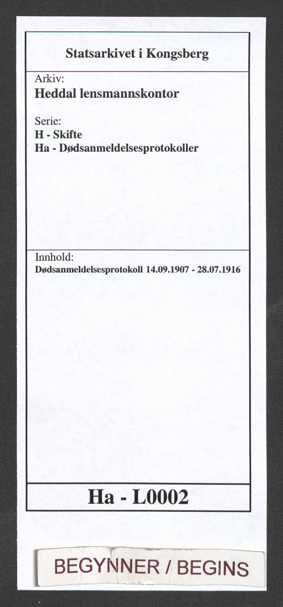 Heddal lensmannskontor, AV/SAKO-A-558/H/Ha/L0002: Dødsanmeldelsesprotokoll, 1907-1916