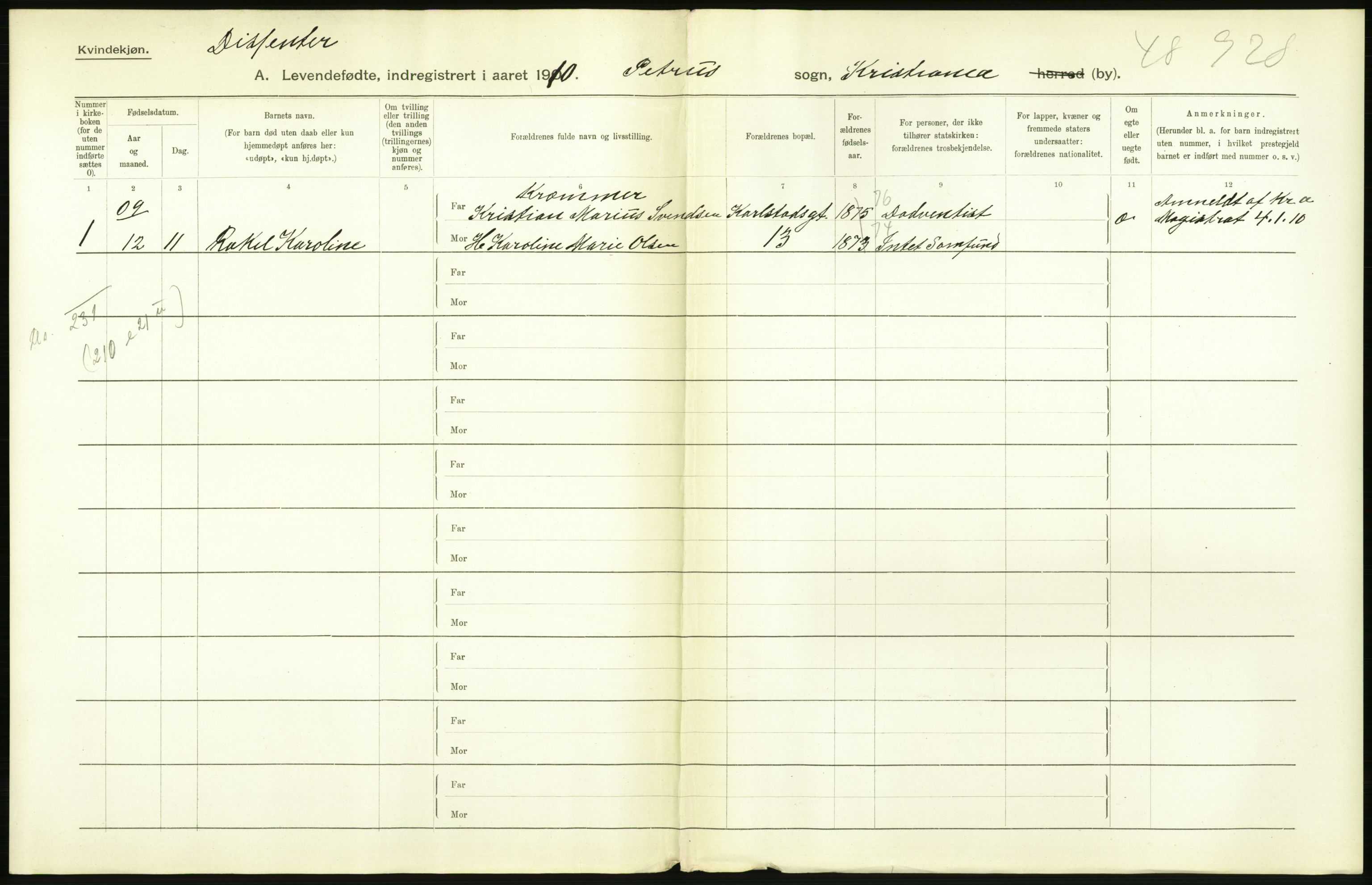 Statistisk sentralbyrå, Sosiodemografiske emner, Befolkning, RA/S-2228/D/Df/Dfa/Dfah/L0007: Kristiania: Levendefødte kvinner., 1910, p. 652