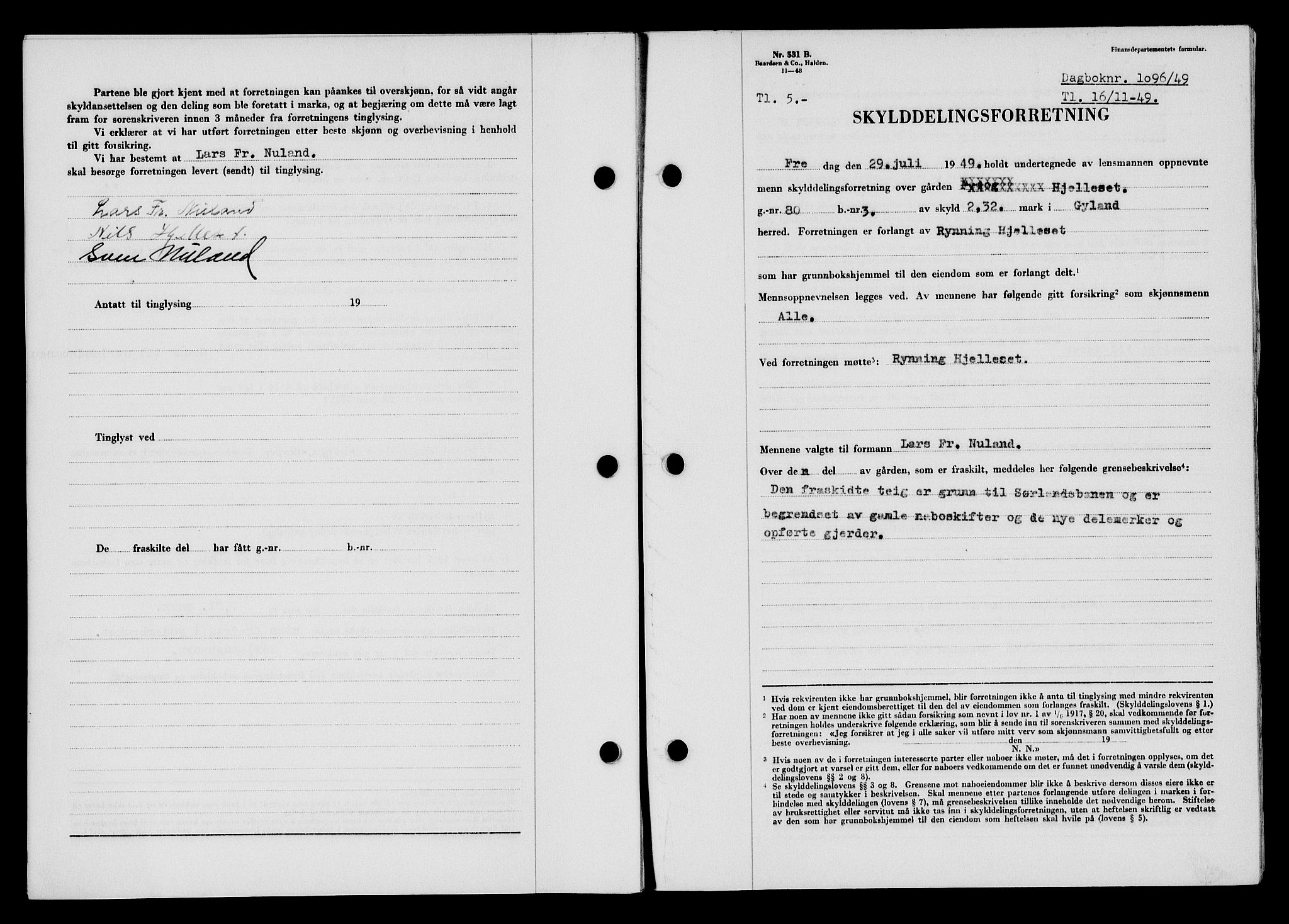 Flekkefjord sorenskriveri, SAK/1221-0001/G/Gb/Gba/L0065: Mortgage book no. A-13, 1949-1949, Diary no: : 1096/1949