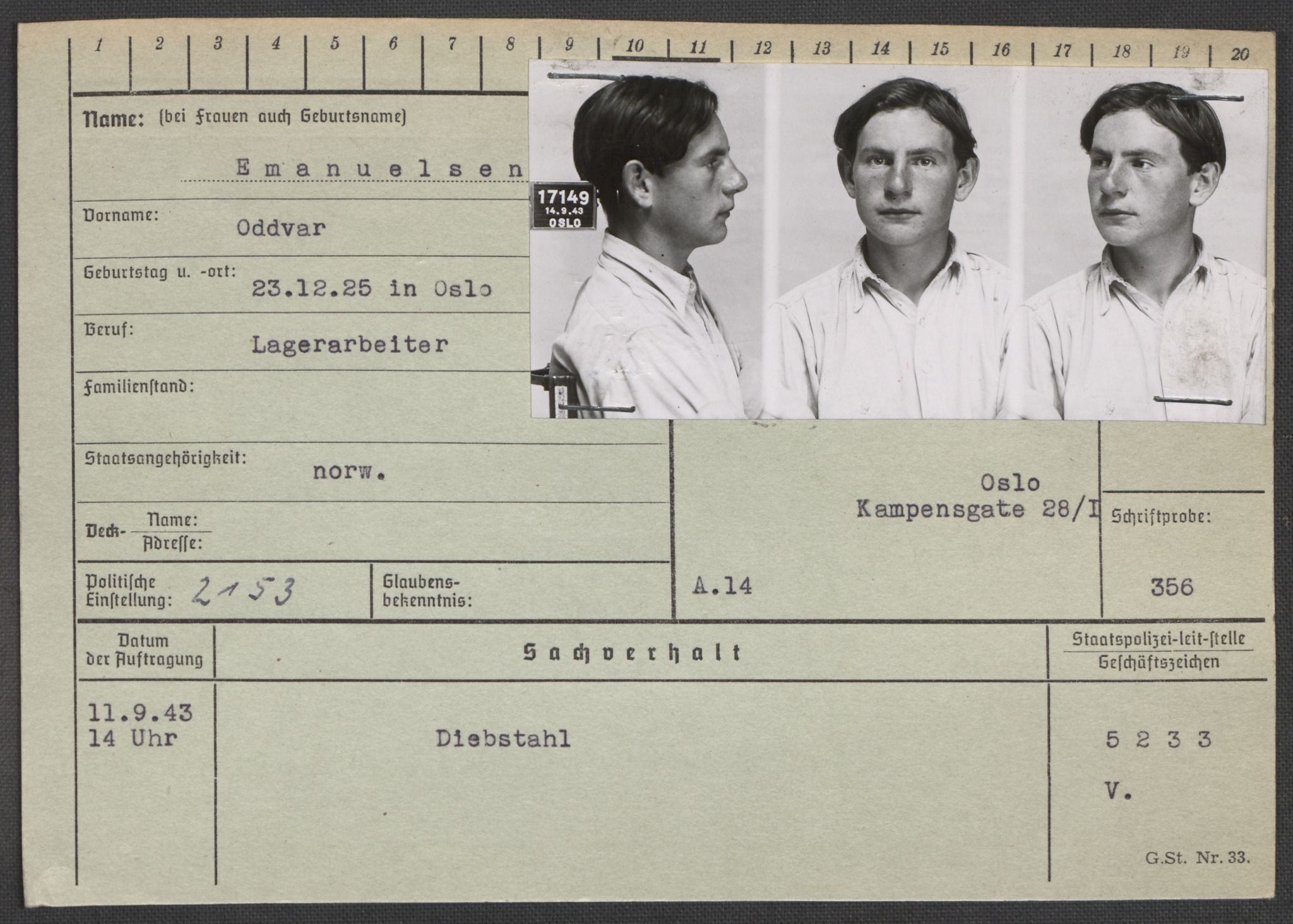 Befehlshaber der Sicherheitspolizei und des SD, RA/RAFA-5969/E/Ea/Eaa/L0002: Register over norske fanger i Møllergata 19: Bj-Eng, 1940-1945, p. 1331