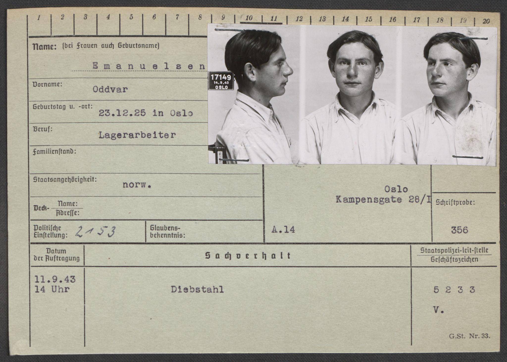 Befehlshaber der Sicherheitspolizei und des SD, AV/RA-RAFA-5969/E/Ea/Eaa/L0002: Register over norske fanger i Møllergata 19: Bj-Eng, 1940-1945, p. 1331