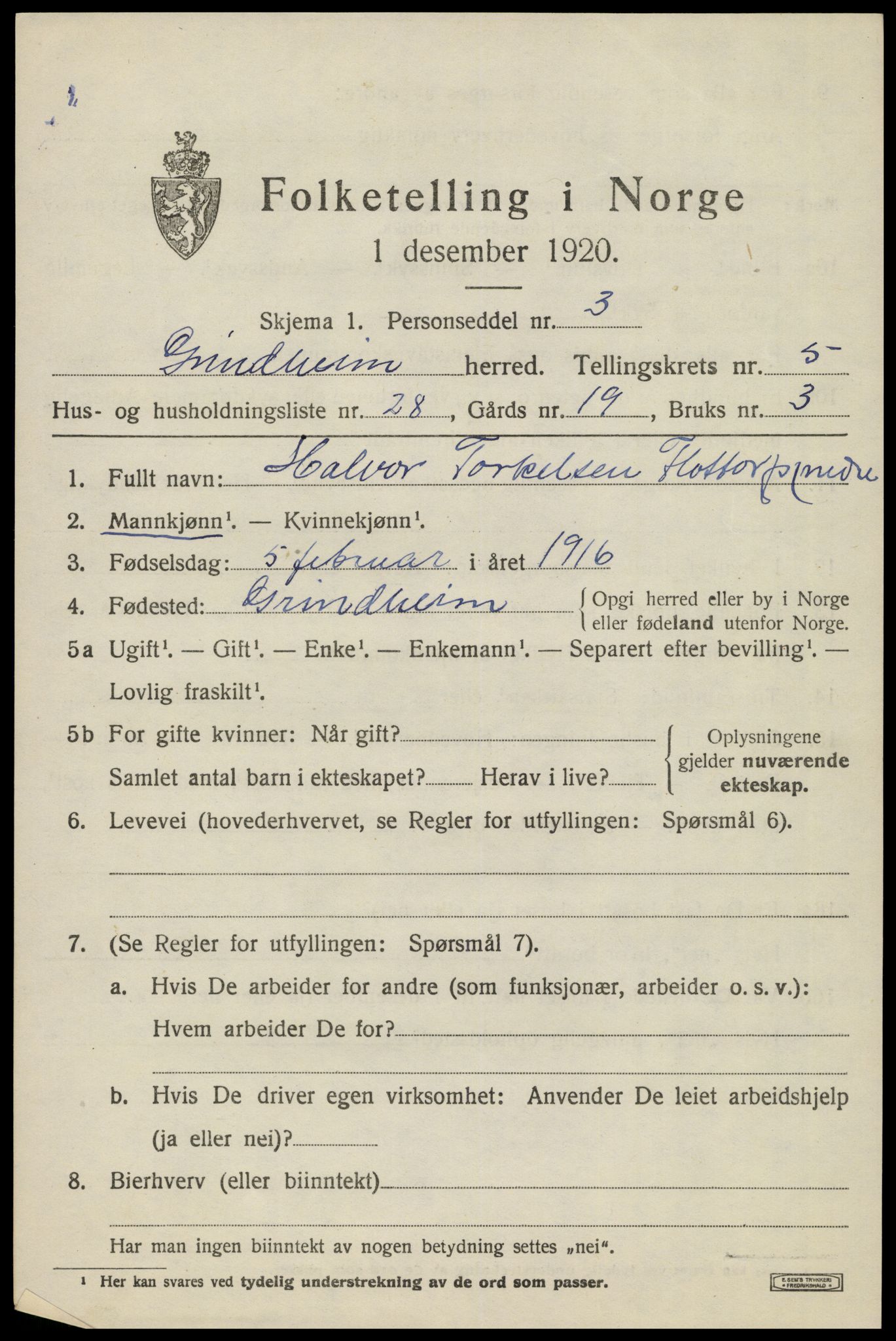 SAK, 1920 census for Grindheim, 1920, p. 1843