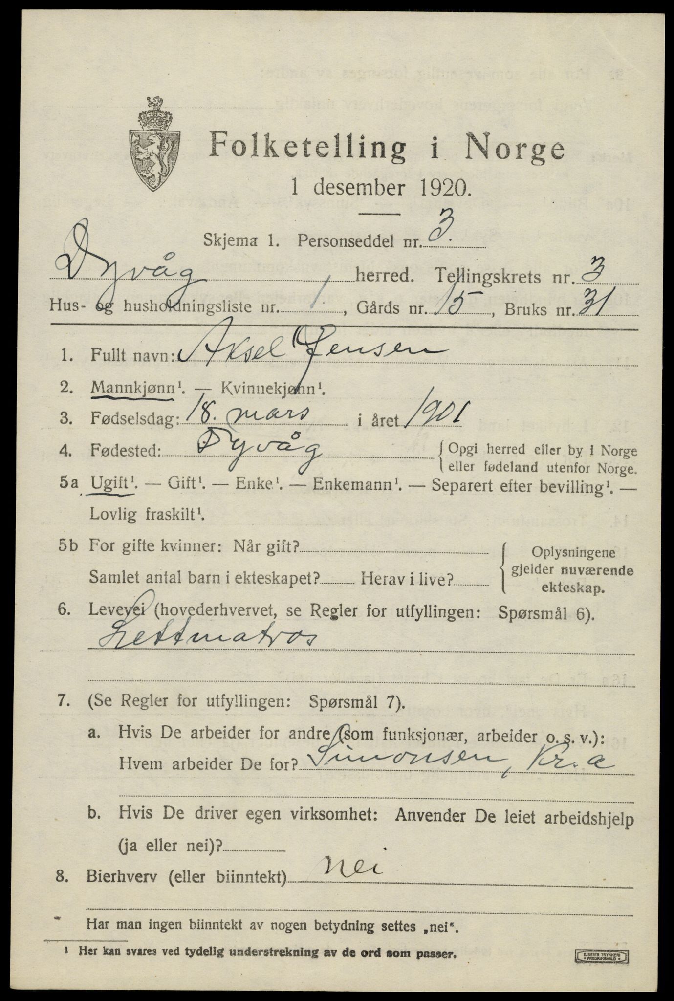 SAK, 1920 census for Dypvåg, 1920, p. 2297