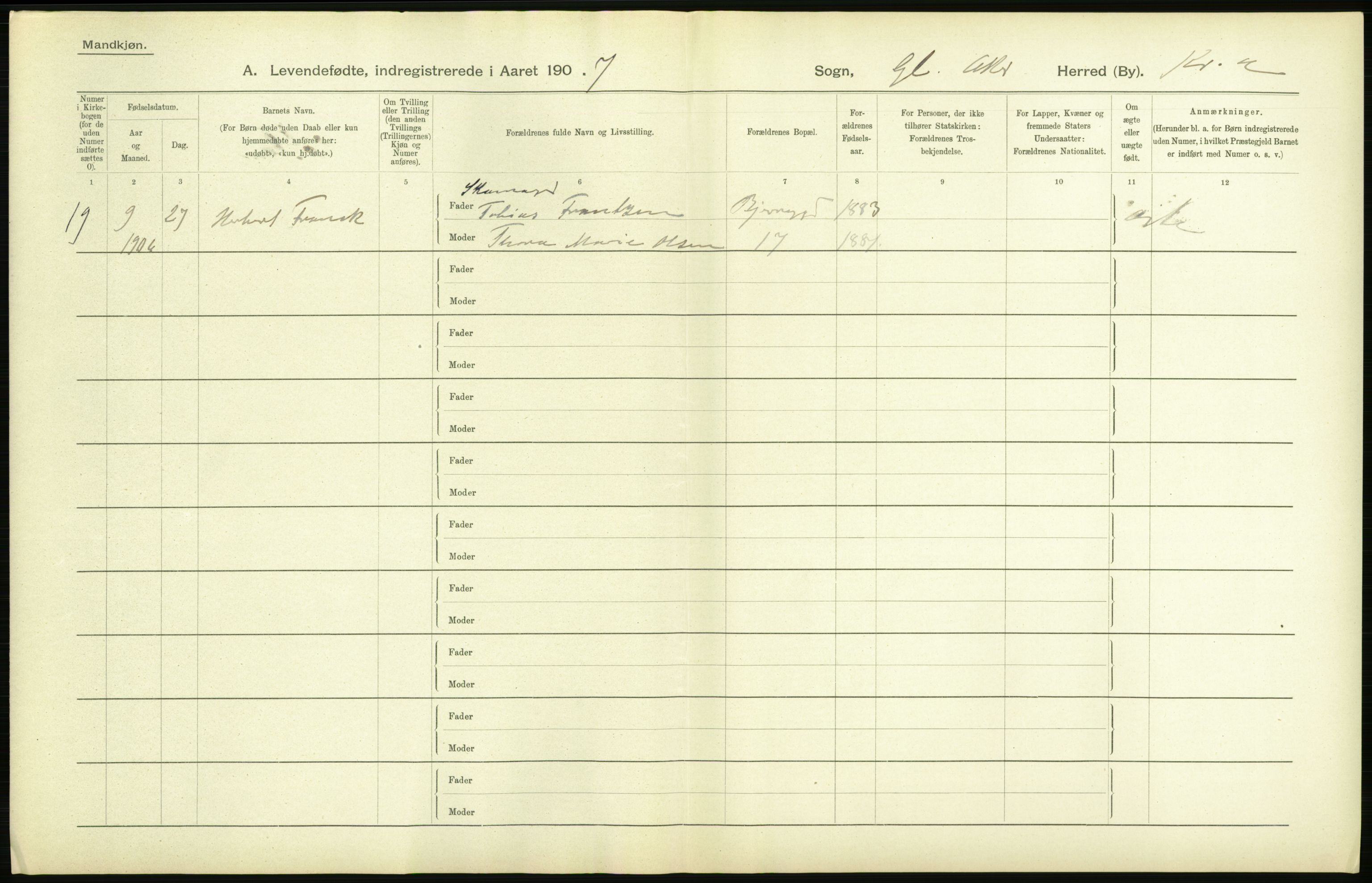 Statistisk sentralbyrå, Sosiodemografiske emner, Befolkning, AV/RA-S-2228/D/Df/Dfa/Dfae/L0006: Kristiania: Levendefødte menn og kvinner., 1907, p. 126