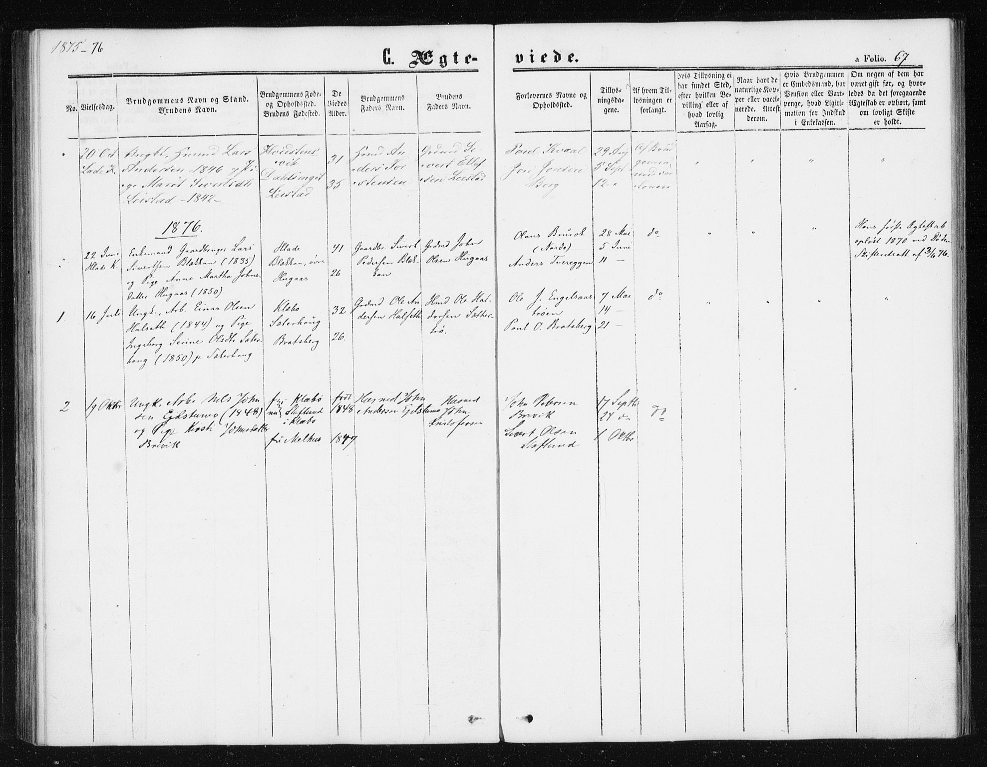 Ministerialprotokoller, klokkerbøker og fødselsregistre - Sør-Trøndelag, SAT/A-1456/608/L0333: Parish register (official) no. 608A02, 1862-1876, p. 67