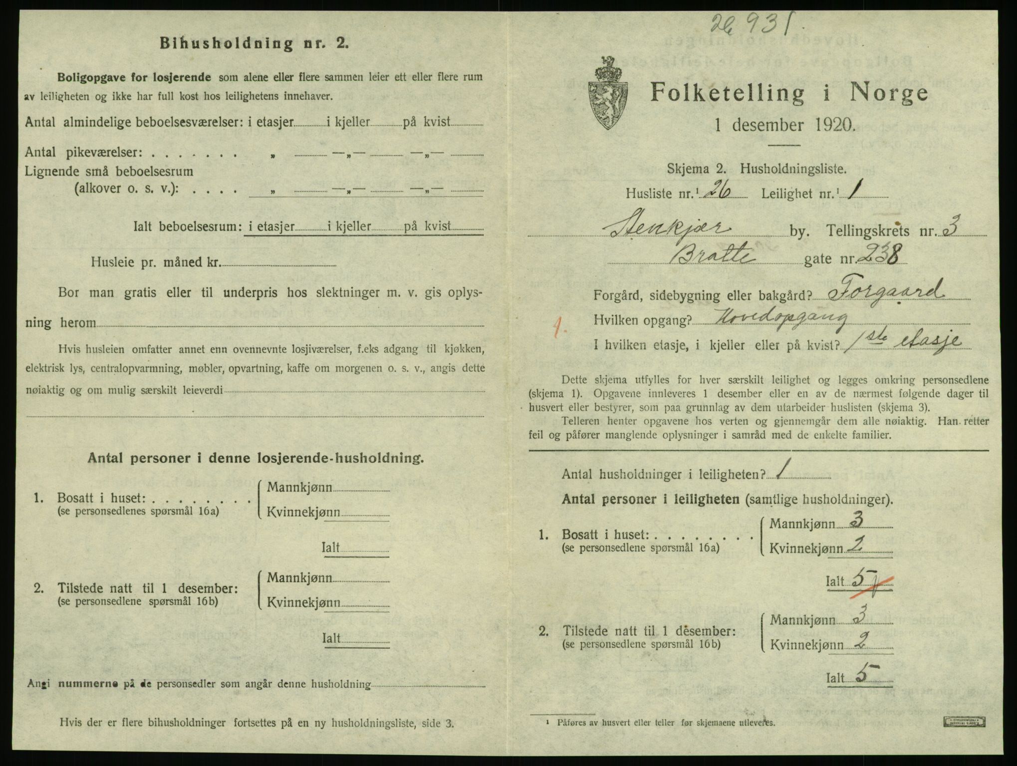 SAT, 1920 census for Steinkjer, 1920, p. 1976