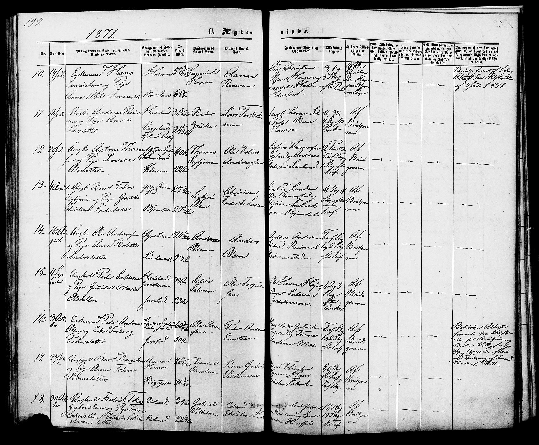 Kvinesdal sokneprestkontor, AV/SAK-1111-0026/F/Fa/Fab/L0007: Parish register (official) no. A 7, 1870-1885, p. 192