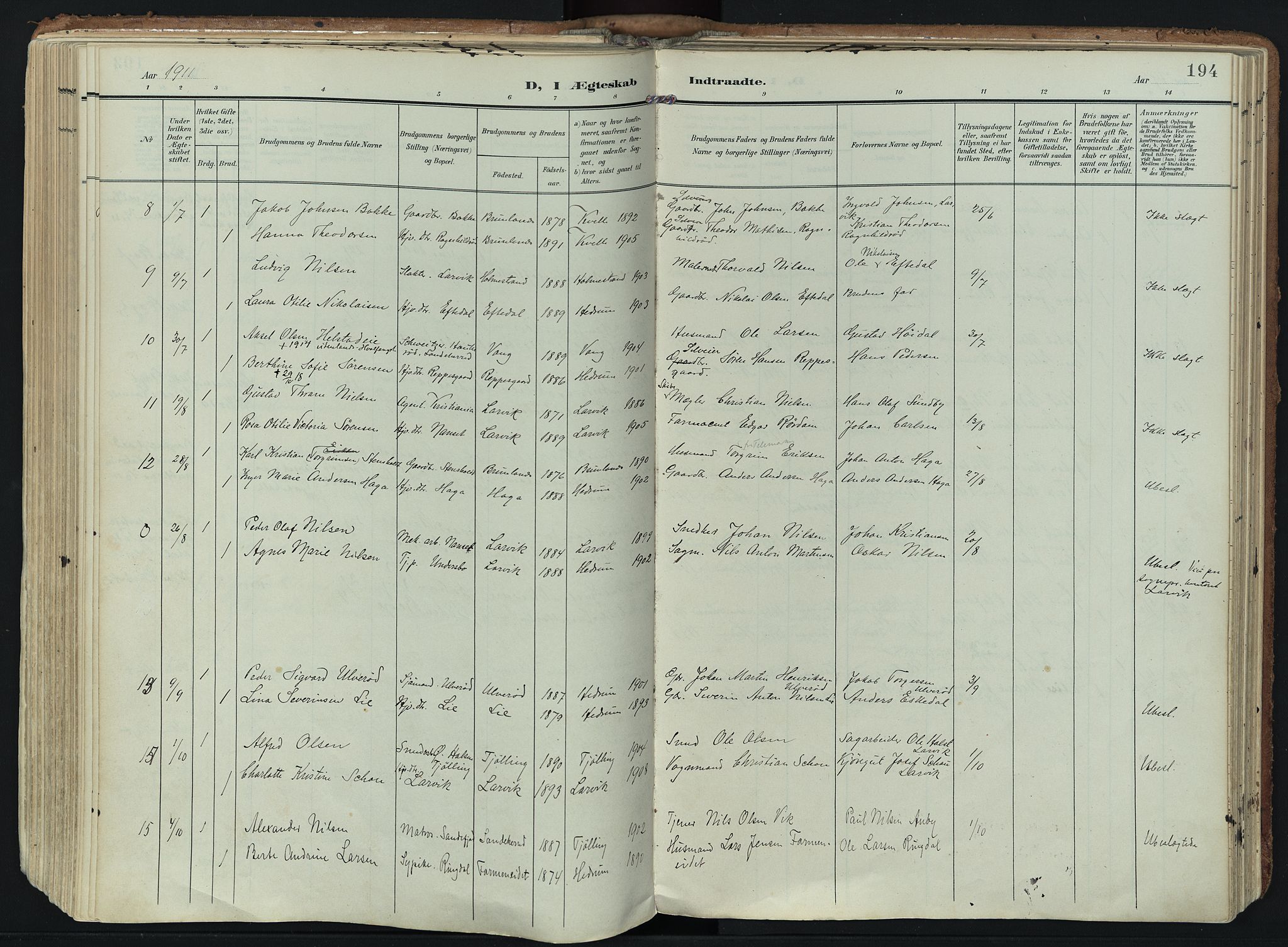 Hedrum kirkebøker, SAKO/A-344/F/Fa/L0010: Parish register (official) no. I 10, 1904-1918, p. 194