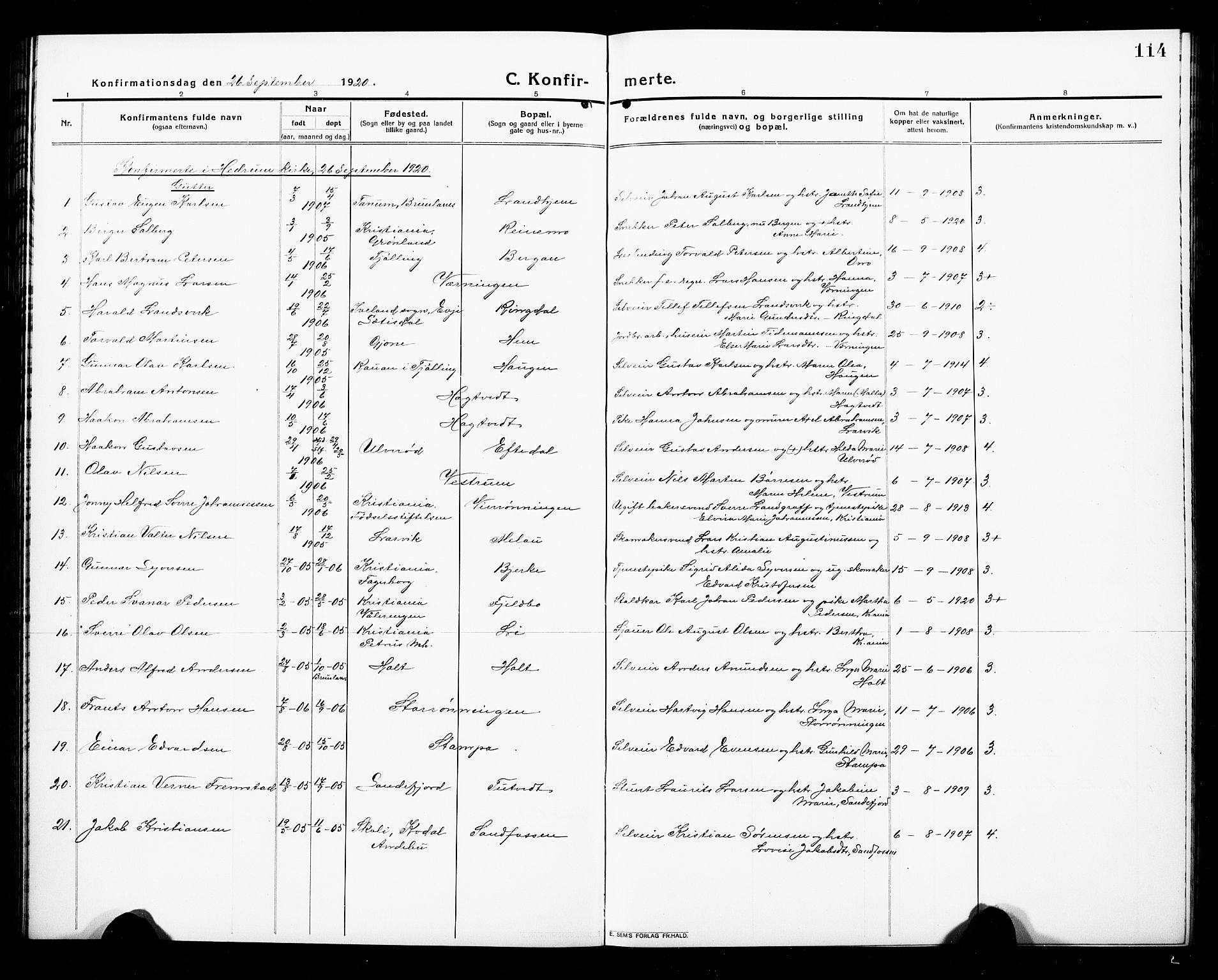 Hedrum kirkebøker, AV/SAKO-A-344/G/Ga/L0005: Parish register (copy) no. I 5, 1916-1930, p. 114