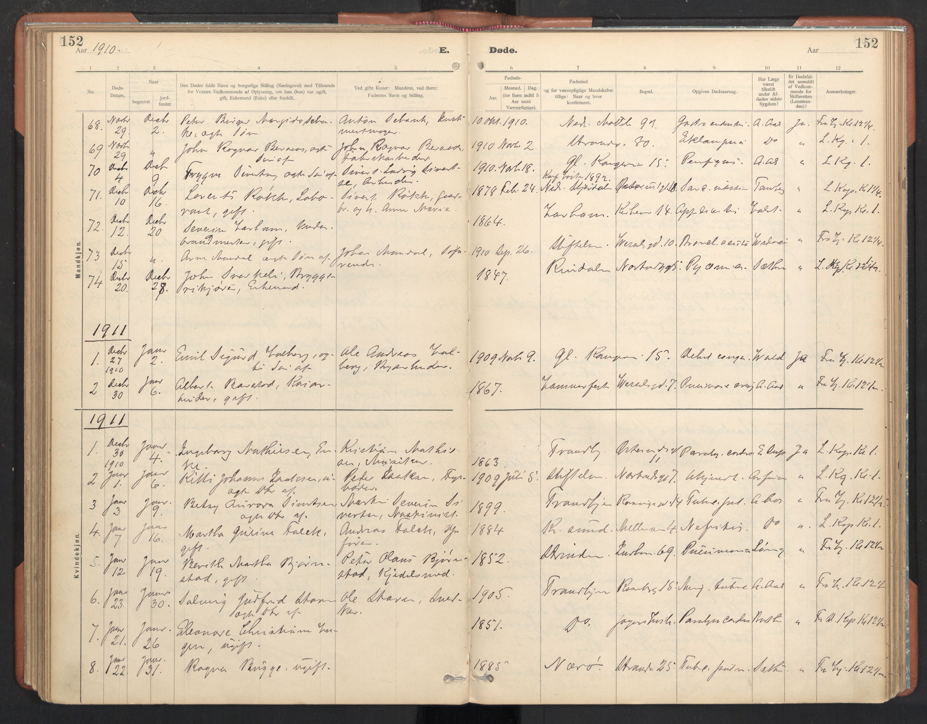 Ministerialprotokoller, klokkerbøker og fødselsregistre - Sør-Trøndelag, SAT/A-1456/605/L0244: Parish register (official) no. 605A06, 1908-1954, p. 152