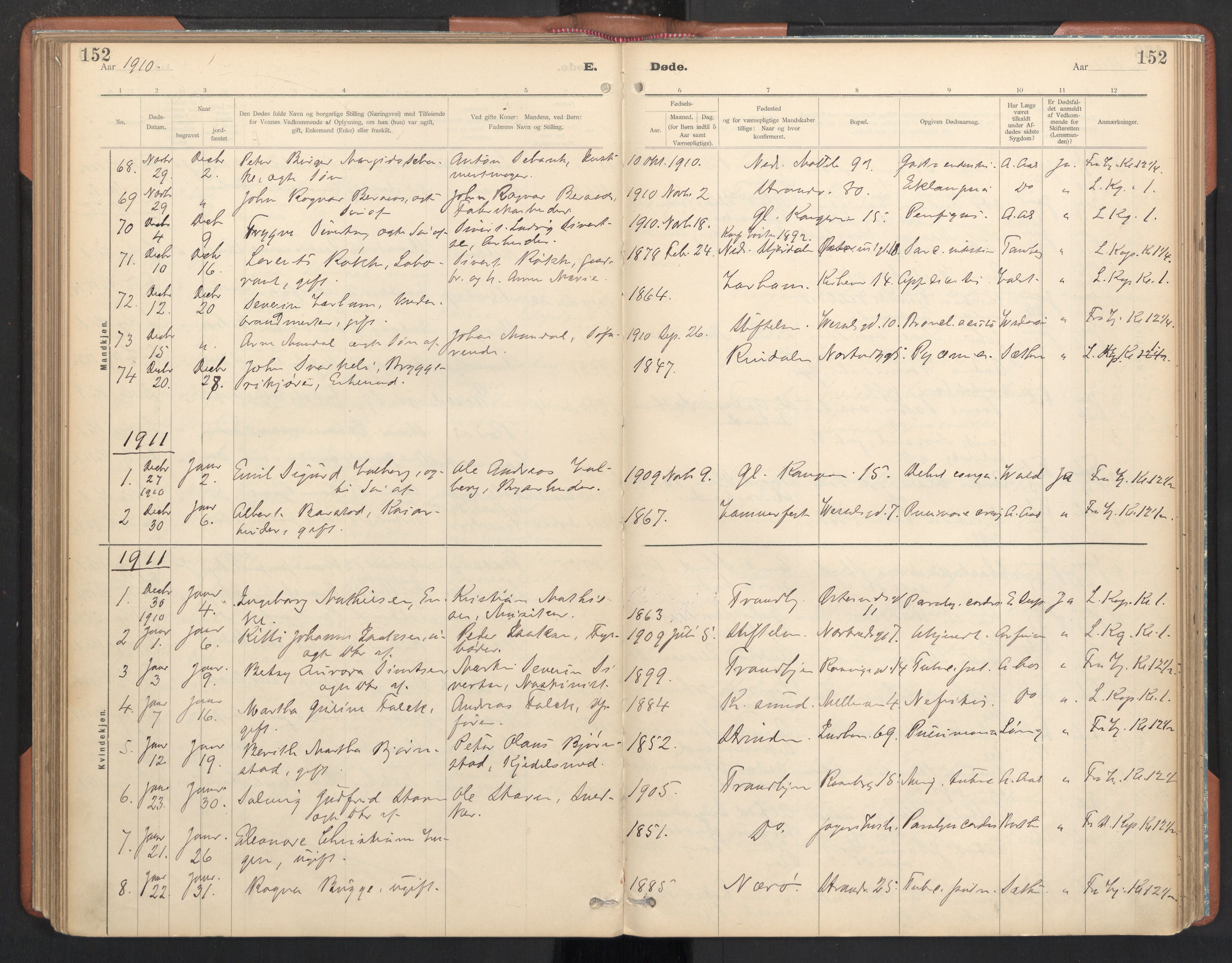 Ministerialprotokoller, klokkerbøker og fødselsregistre - Sør-Trøndelag, AV/SAT-A-1456/605/L0244: Parish register (official) no. 605A06, 1908-1954, p. 152