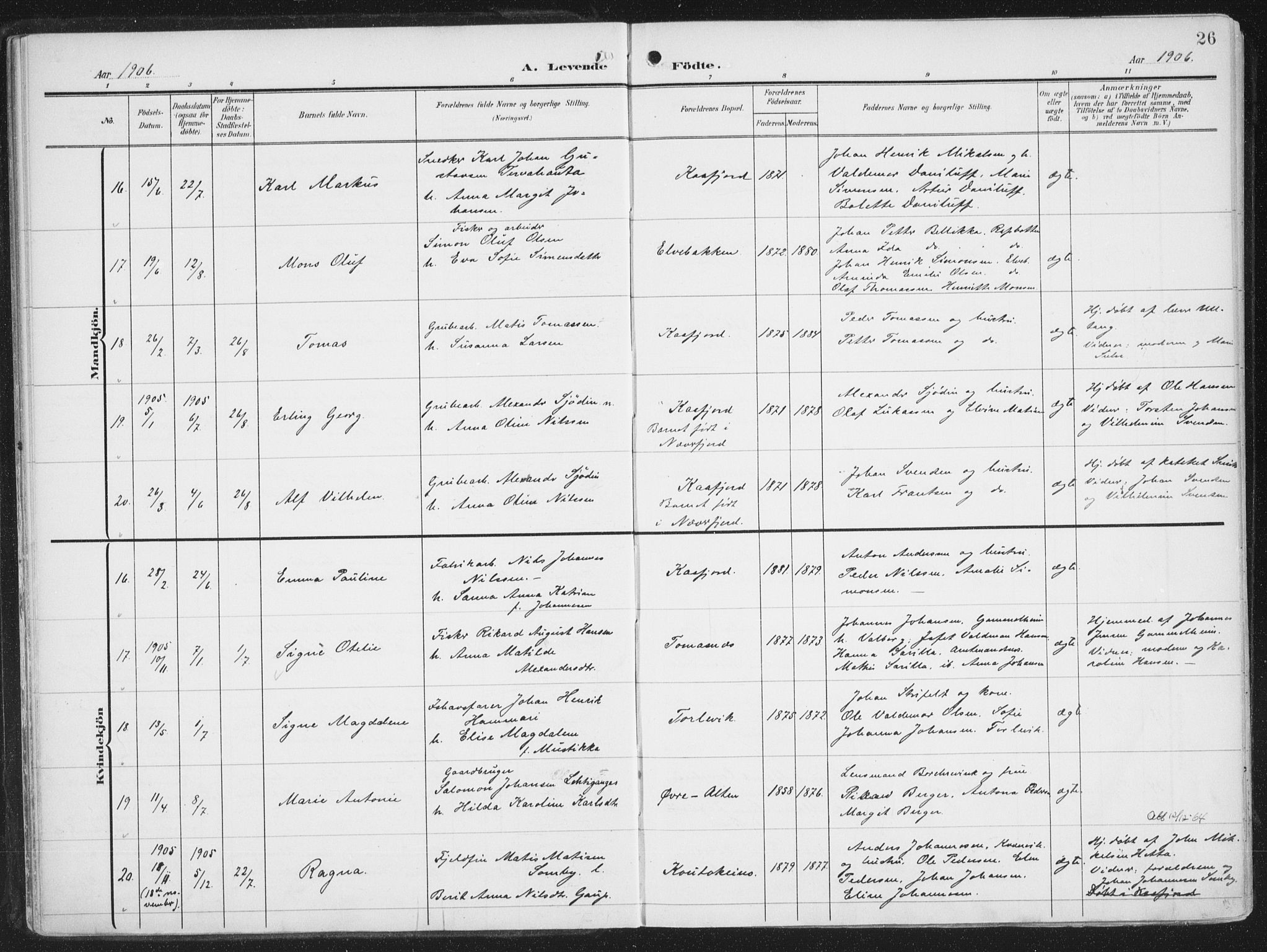 Alta sokneprestkontor, AV/SATØ-S-1338/H/Ha/L0005.kirke: Parish register (official) no. 5, 1904-1918, p. 26