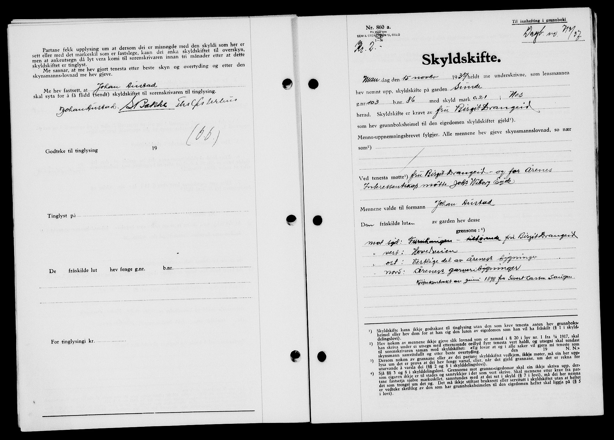 Flekkefjord sorenskriveri, SAK/1221-0001/G/Gb/Gba/L0054: Mortgage book no. A-2, 1937-1938, Diary no: : 713/1937