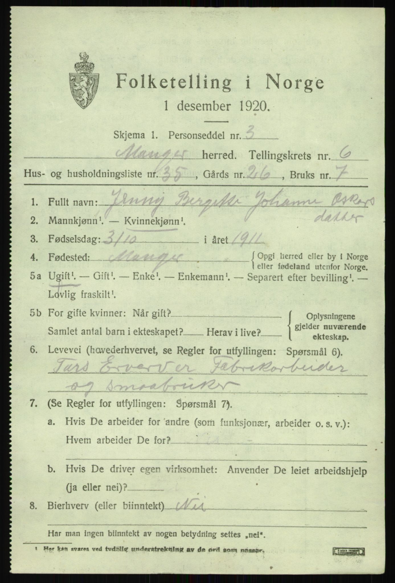 SAB, 1920 census for Manger, 1920, p. 4297