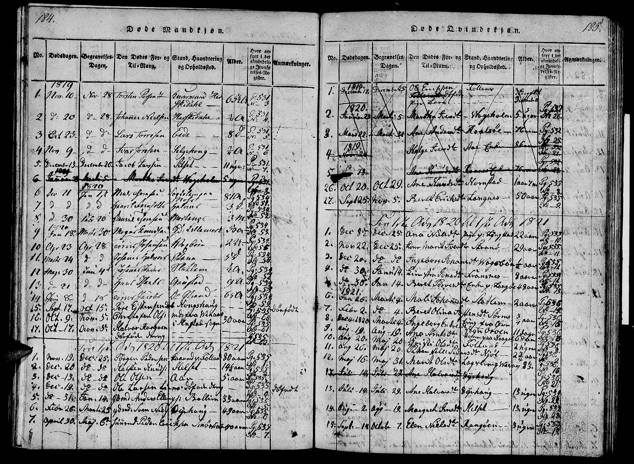 Ministerialprotokoller, klokkerbøker og fødselsregistre - Møre og Romsdal, SAT/A-1454/570/L0831: Parish register (official) no. 570A05, 1819-1829, p. 184-185