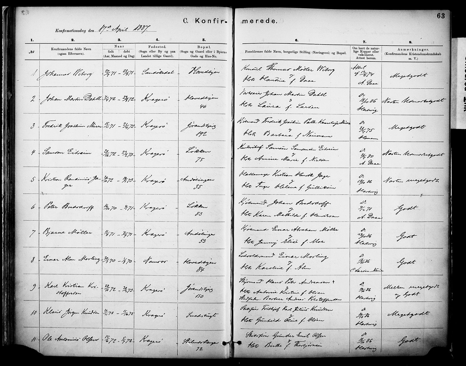 Kragerø kirkebøker, SAKO/A-278/F/Fa/L0012: Parish register (official) no. 12, 1880-1904, p. 63