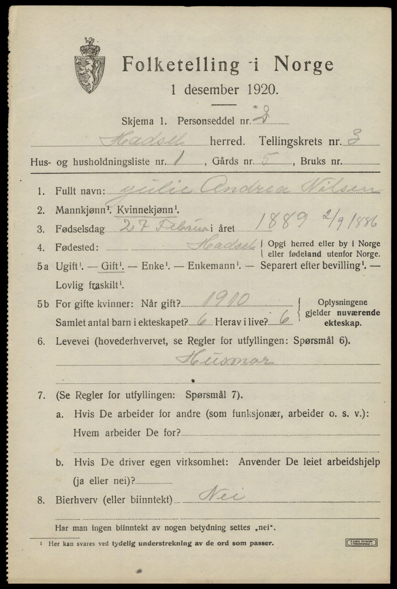 SAT, 1920 census for Hadsel, 1920, p. 5056