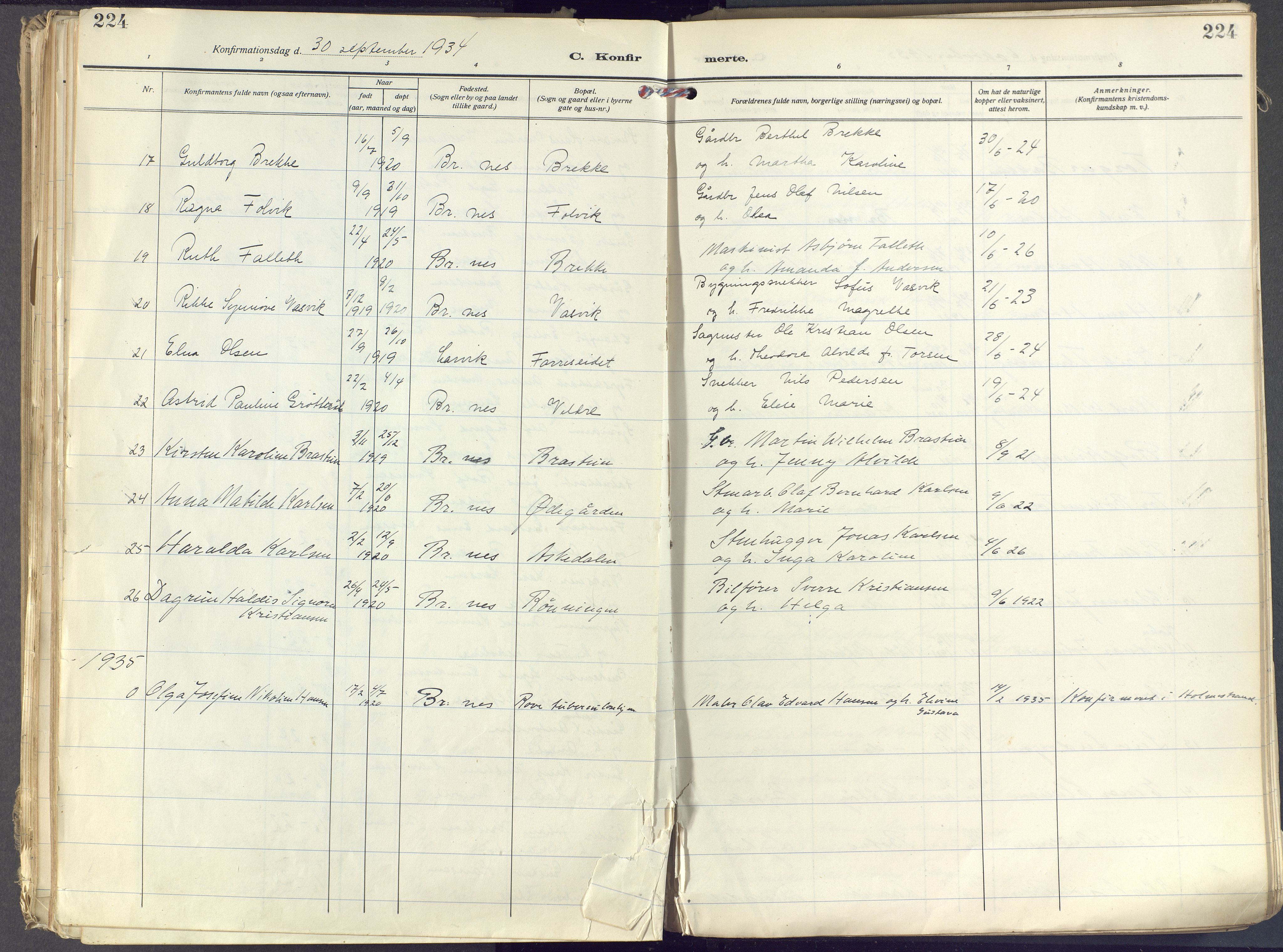 Brunlanes kirkebøker, SAKO/A-342/F/Fc/L0004: Parish register (official) no. III 4, 1923-1943, p. 224