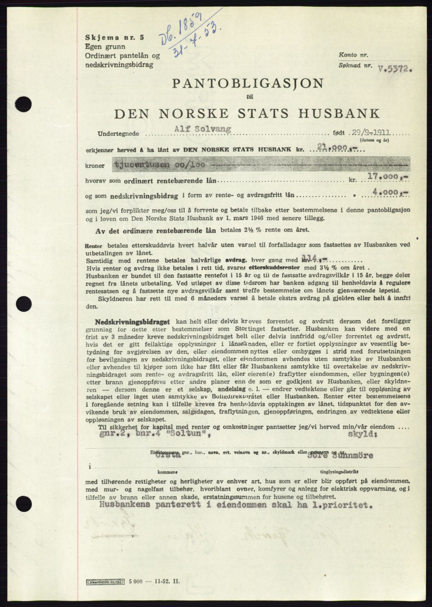 Søre Sunnmøre sorenskriveri, AV/SAT-A-4122/1/2/2C/L0123: Mortgage book no. 11B, 1953-1953, Diary no: : 1859/1953