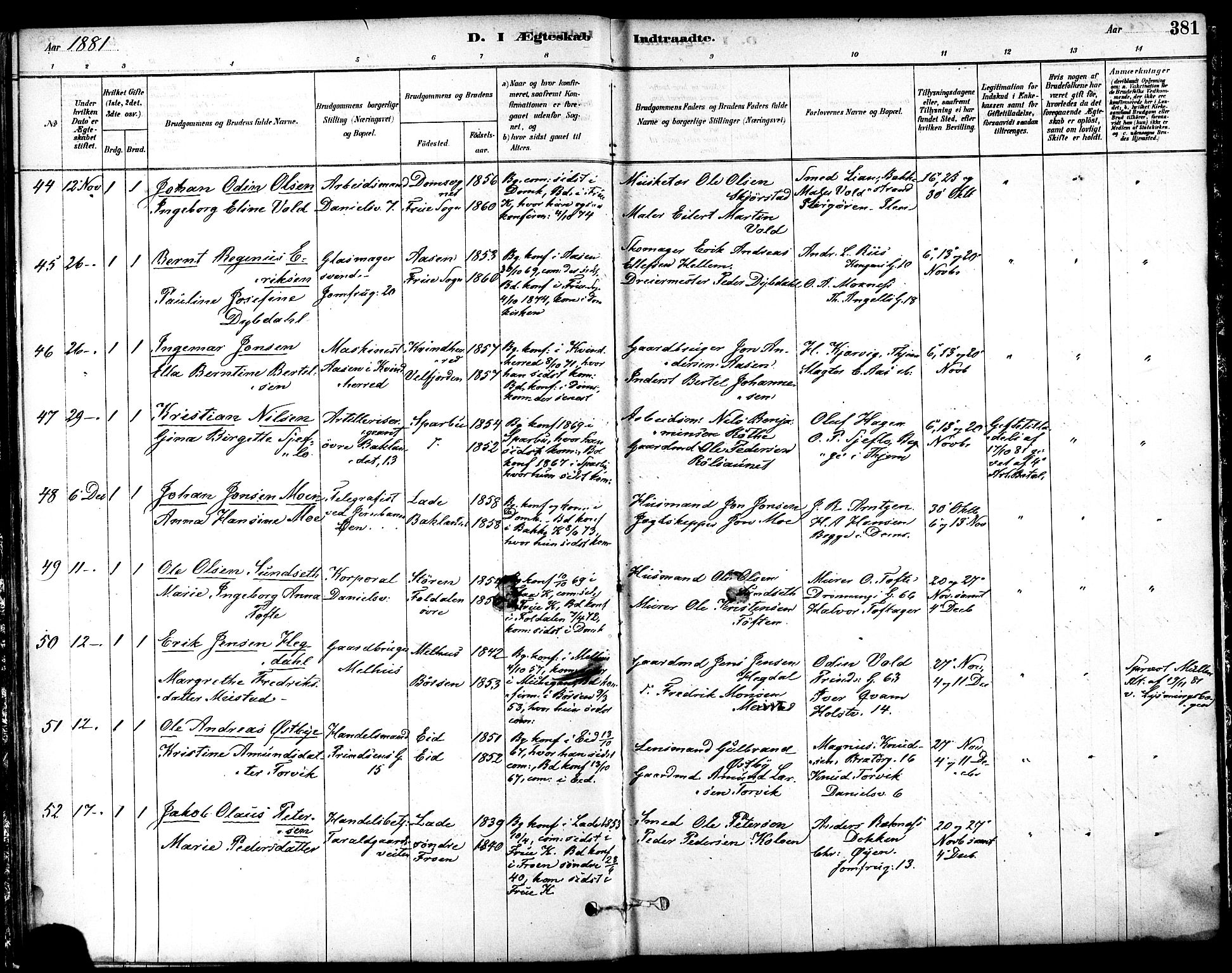 Ministerialprotokoller, klokkerbøker og fødselsregistre - Sør-Trøndelag, AV/SAT-A-1456/601/L0058: Parish register (official) no. 601A26, 1877-1891, p. 381