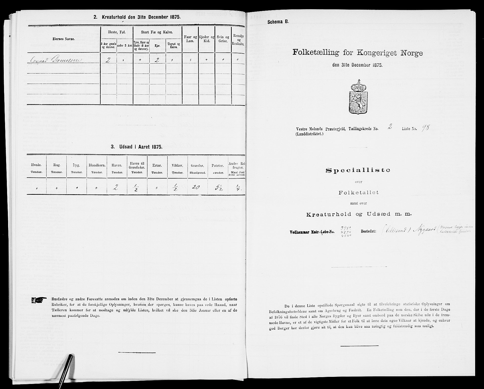 SAK, 1875 census for 0926L Vestre Moland/Vestre Moland, 1875, p. 375