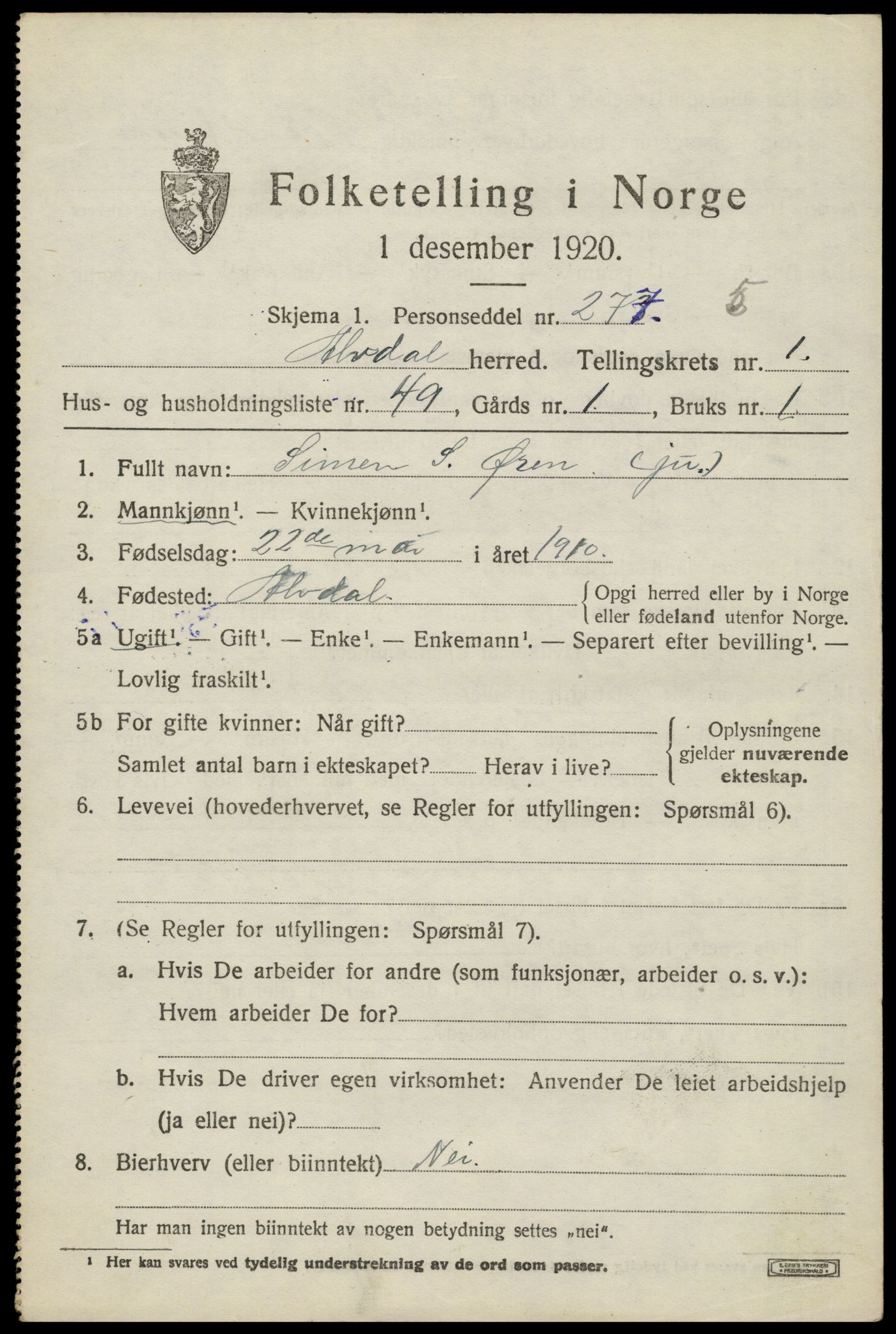 SAH, 1920 census for Alvdal, 1920, p. 1448