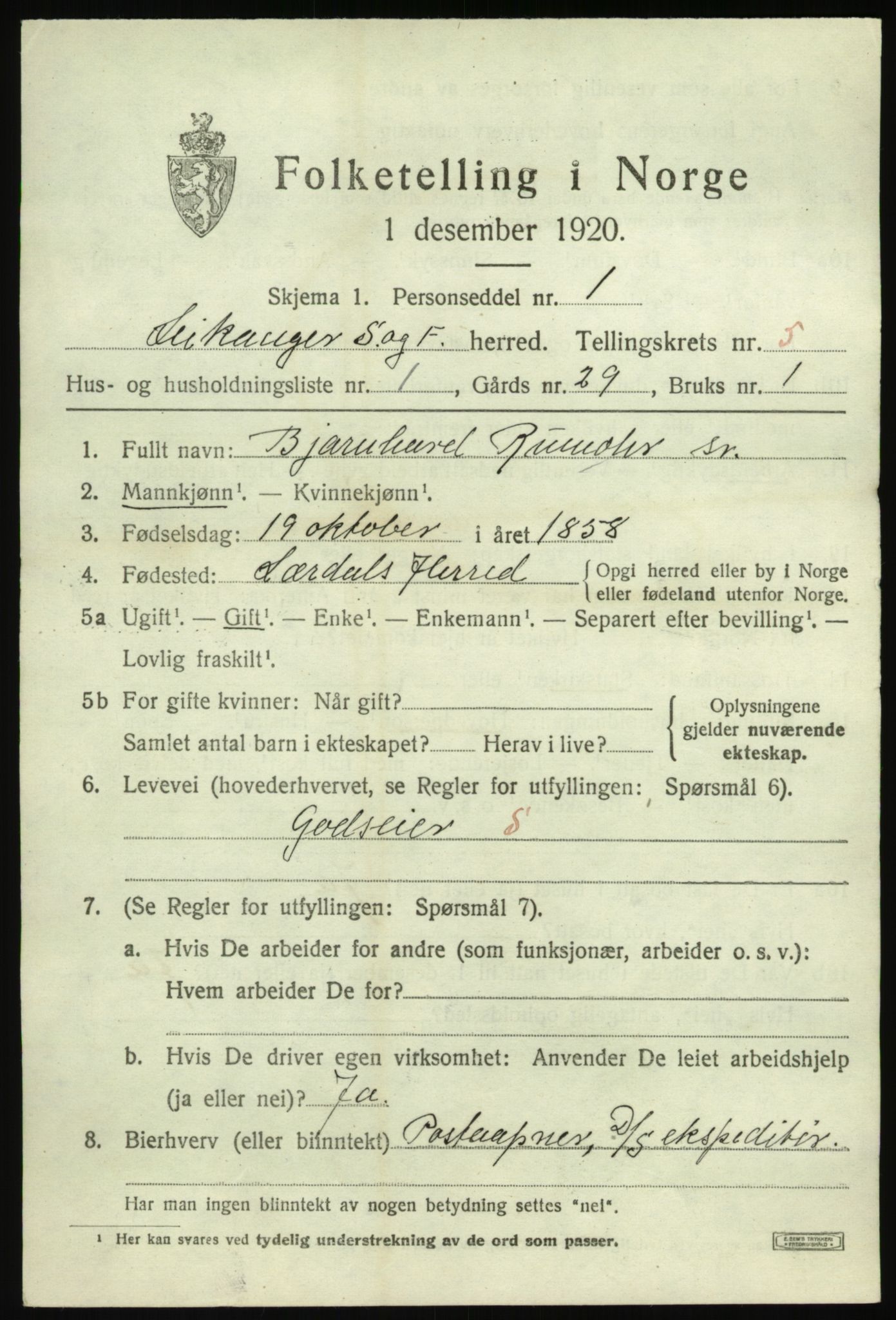 SAB, 1920 census for Leikanger, 1920, p. 3584