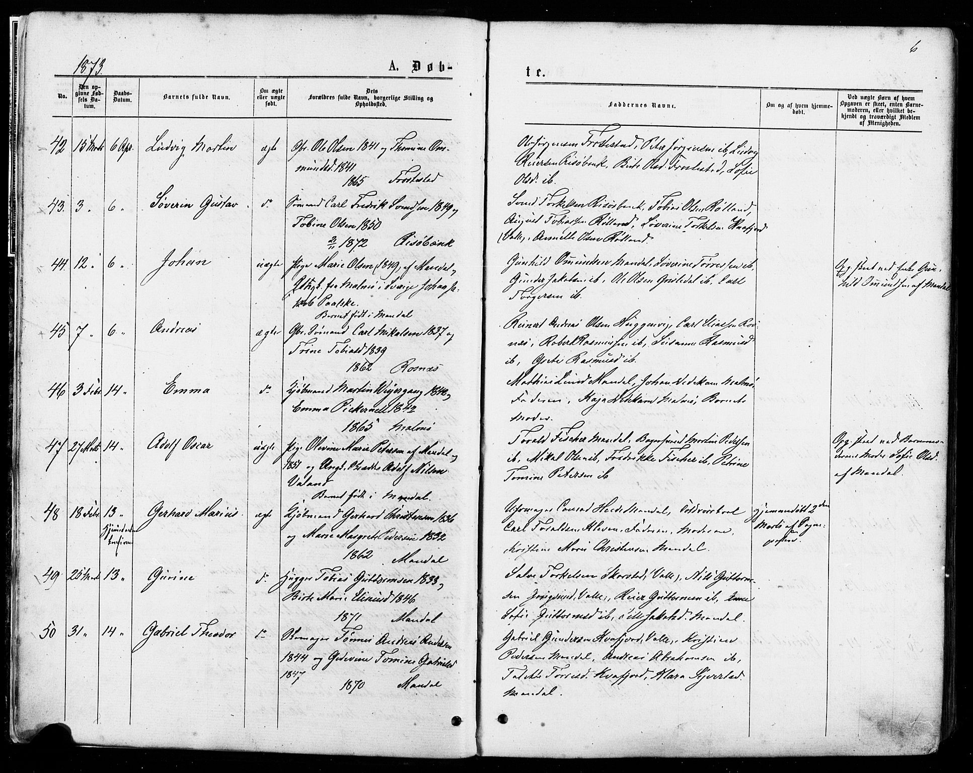 Mandal sokneprestkontor, AV/SAK-1111-0030/F/Fa/Faa/L0015: Parish register (official) no. A 15, 1873-1879, p. 6