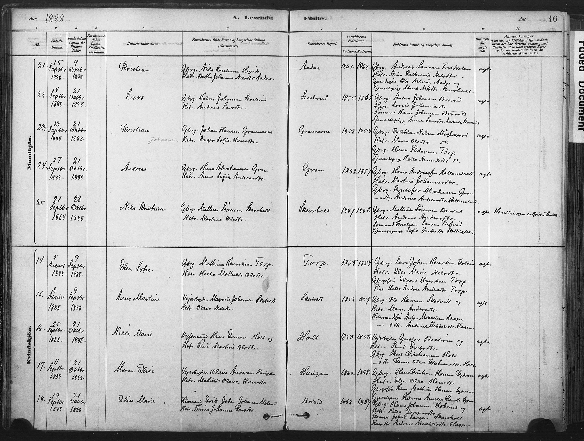 Andebu kirkebøker, AV/SAKO-A-336/F/Fa/L0007: Parish register (official) no. 7, 1878-1899, p. 46