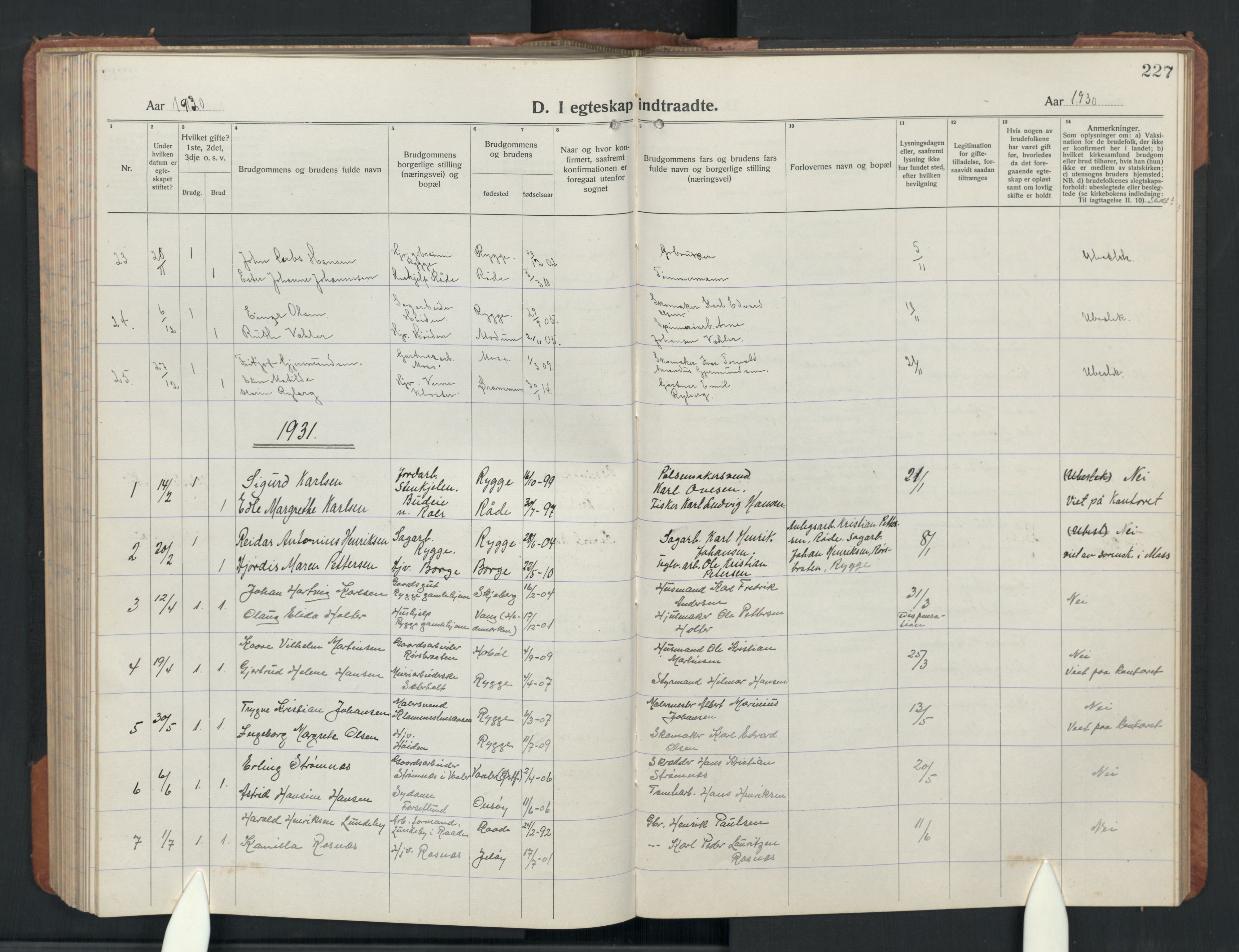 Rygge prestekontor Kirkebøker, AV/SAO-A-10084b/G/Ga/L0004: Parish register (copy) no. 4, 1922-1953, p. 227
