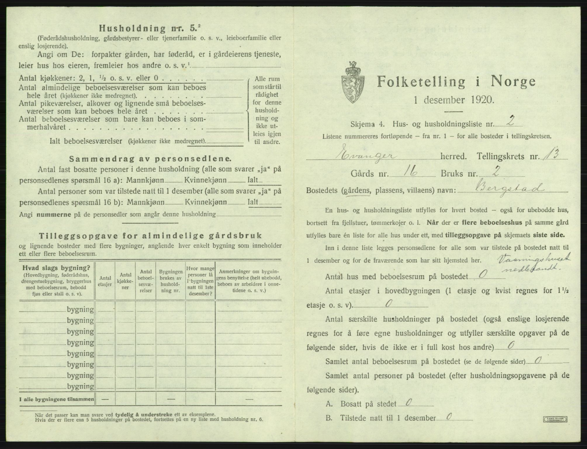 SAB, 1920 census for Evanger, 1920, p. 613