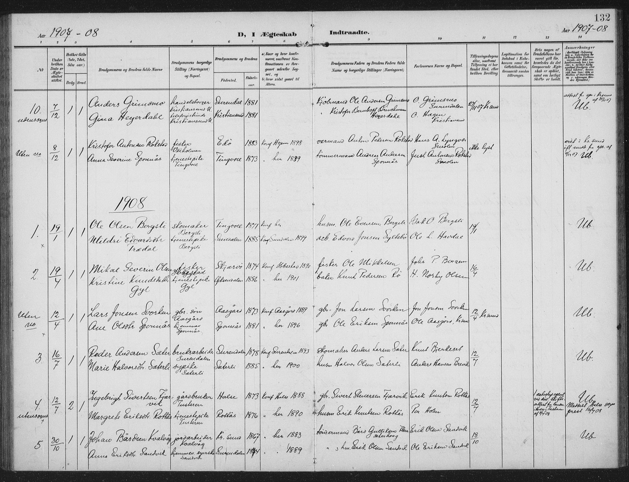 Ministerialprotokoller, klokkerbøker og fødselsregistre - Møre og Romsdal, AV/SAT-A-1454/586/L0989: Parish register (official) no. 586A15, 1906-1915, p. 132
