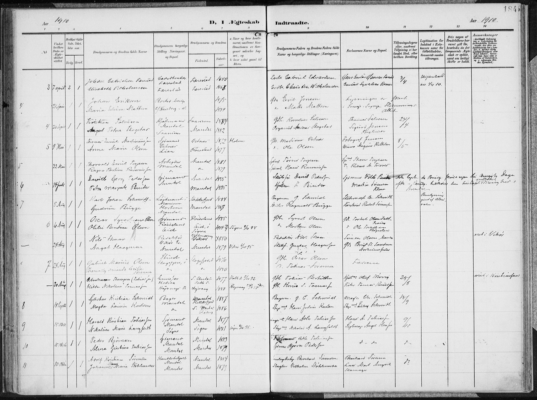 Mandal sokneprestkontor, SAK/1111-0030/F/Fa/Faa/L0020: Parish register (official) no. A 20, 1906-1912, p. 184