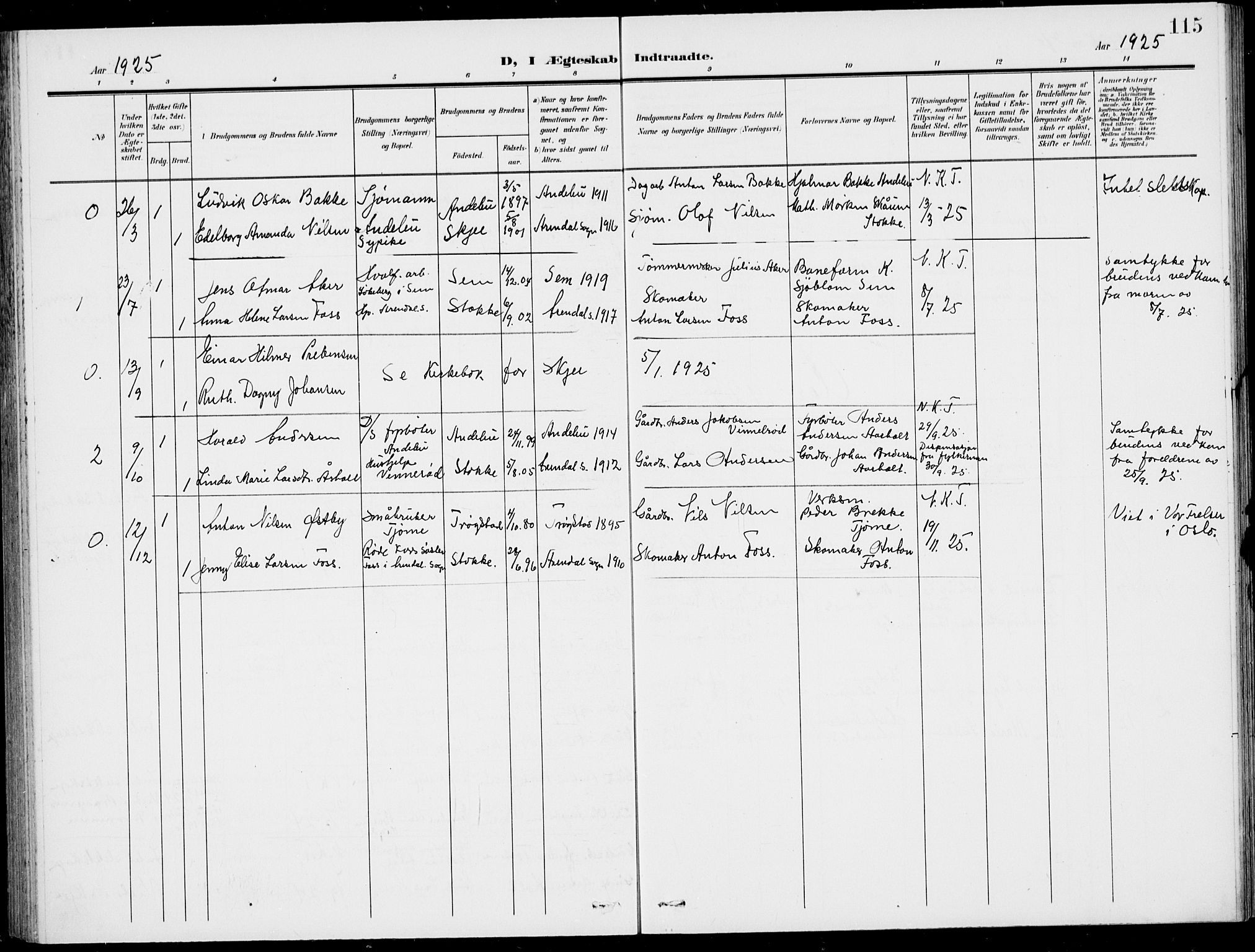 Stokke kirkebøker, AV/SAKO-A-320/G/Gc/L0001: Parish register (copy) no. III 1, 1904-1935, p. 115