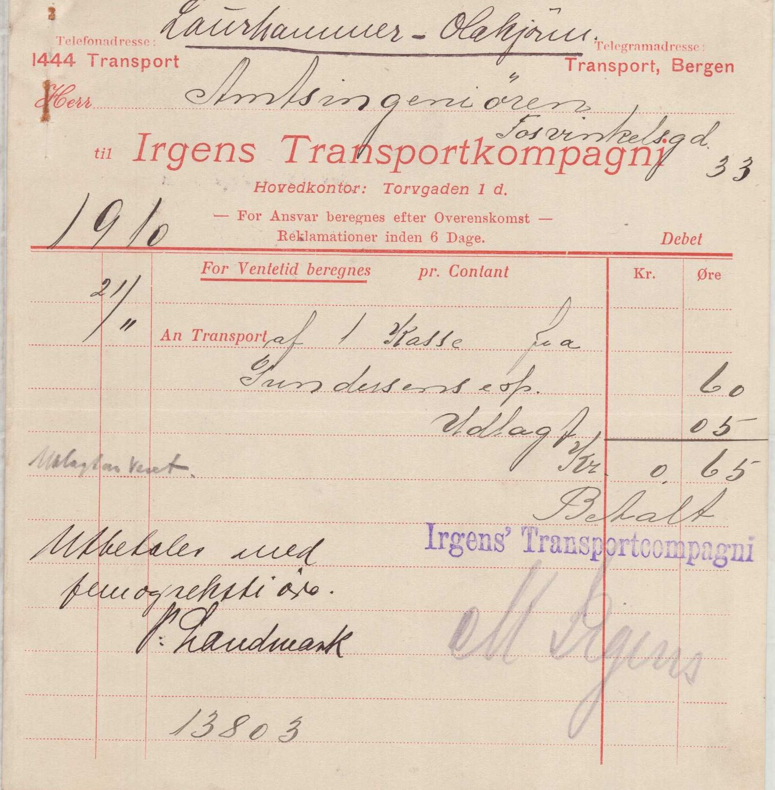 Finnaas kommune. Formannskapet, IKAH/1218a-021/E/Ea/L0001/0003: Rekneskap for veganlegg / Rekneskap for veganlegget Laurhammer - Olakjødn, 1909-1911, p. 67