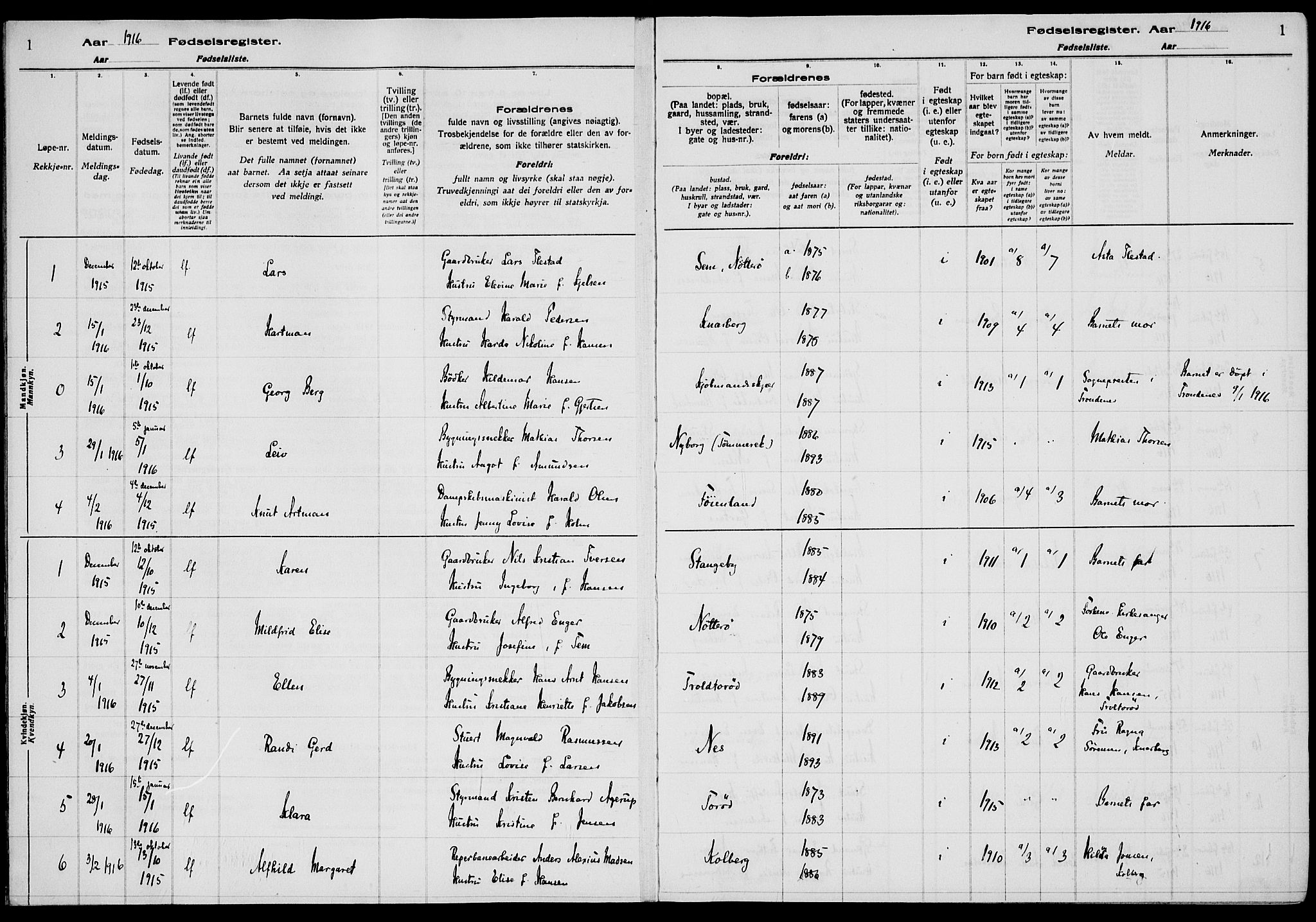 Nøtterøy kirkebøker, SAKO/A-354/J/Ja/L0001: Birth register no. 1, 1916-1928, p. 1