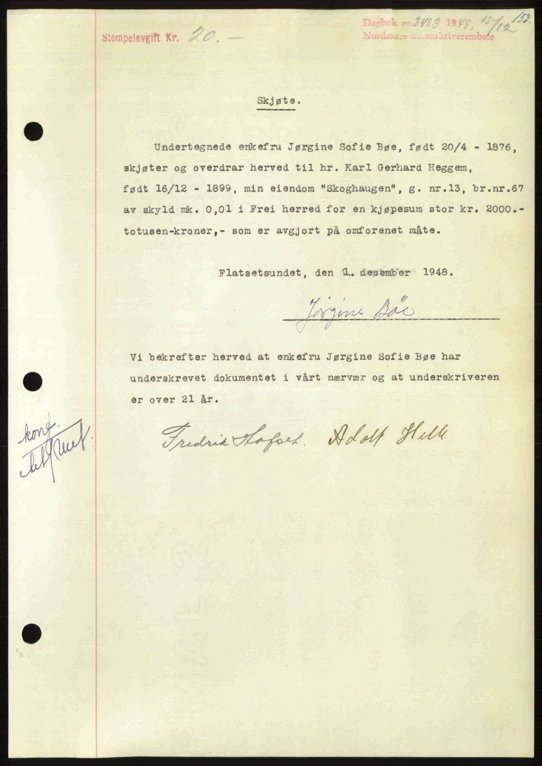 Nordmøre sorenskriveri, AV/SAT-A-4132/1/2/2Ca: Mortgage book no. A110, 1948-1949, Diary no: : 3483/1948