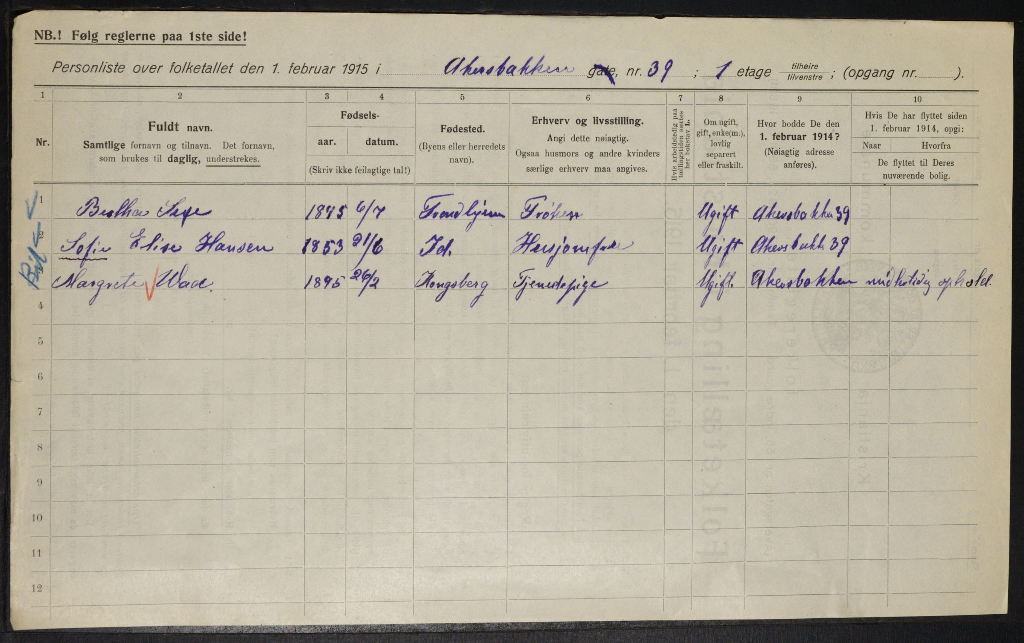 OBA, Municipal Census 1915 for Kristiania, 1915, p. 309