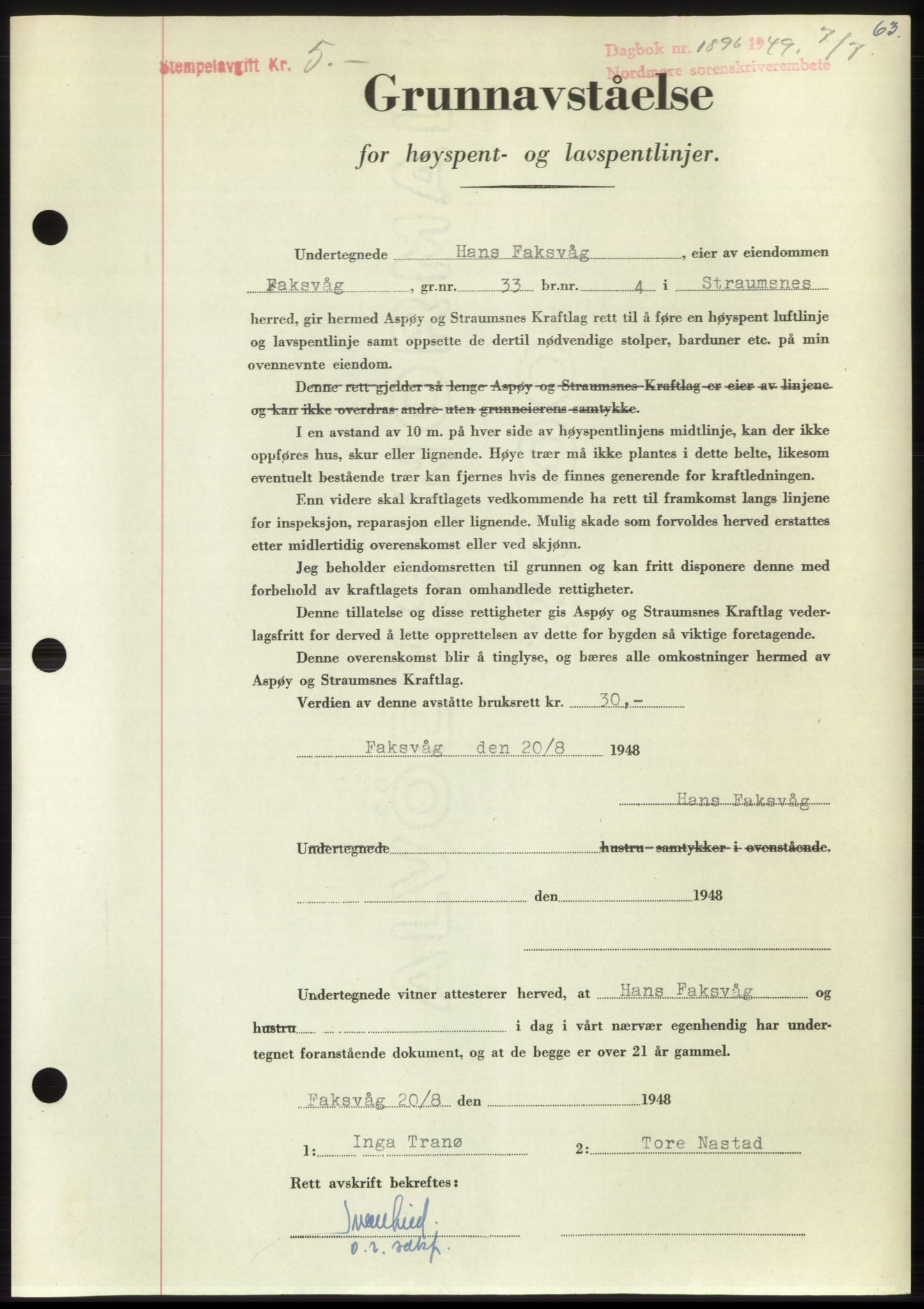 Nordmøre sorenskriveri, AV/SAT-A-4132/1/2/2Ca: Mortgage book no. B102, 1949-1949, Diary no: : 1896/1949