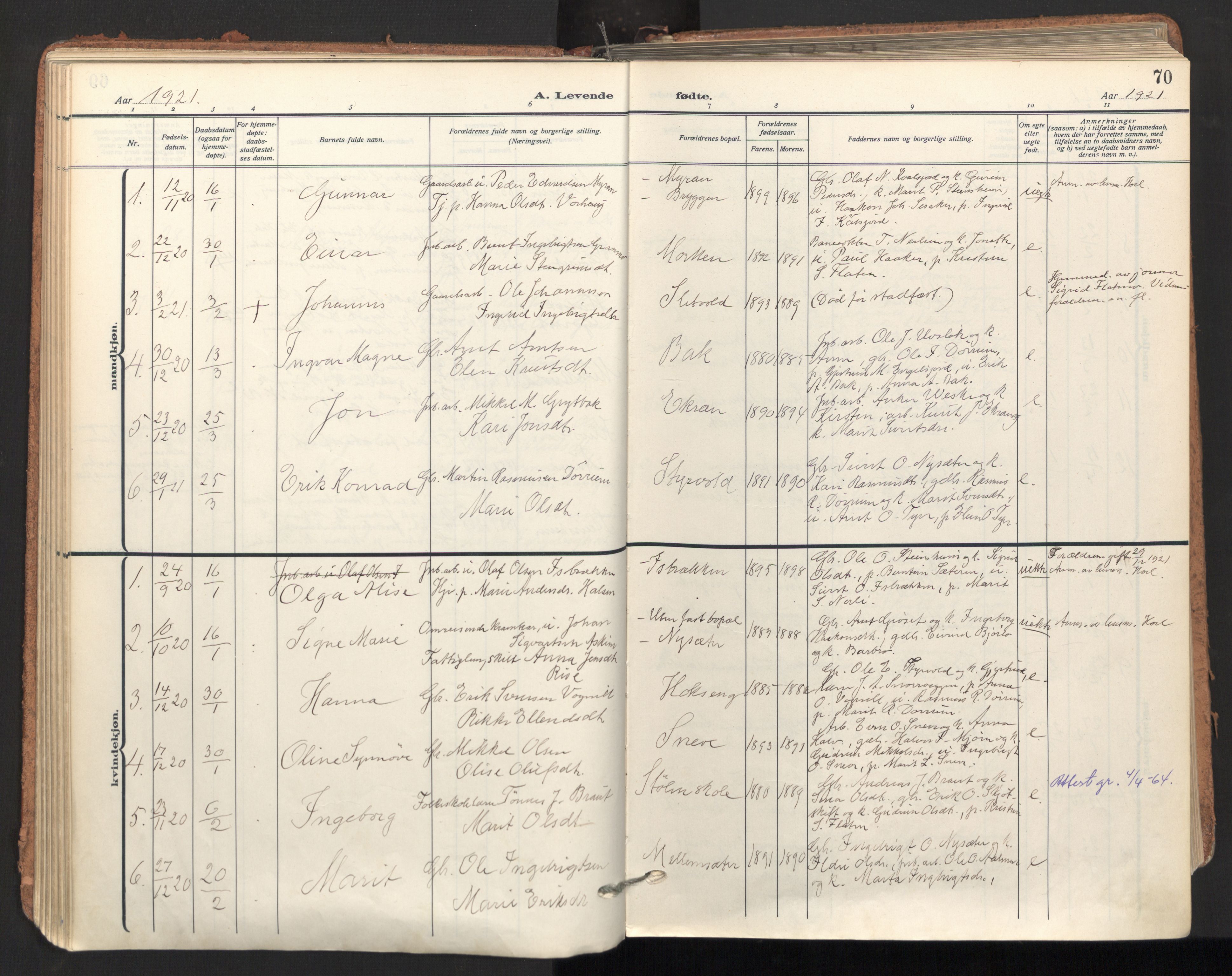 Ministerialprotokoller, klokkerbøker og fødselsregistre - Sør-Trøndelag, AV/SAT-A-1456/678/L0909: Parish register (official) no. 678A17, 1912-1930, p. 70