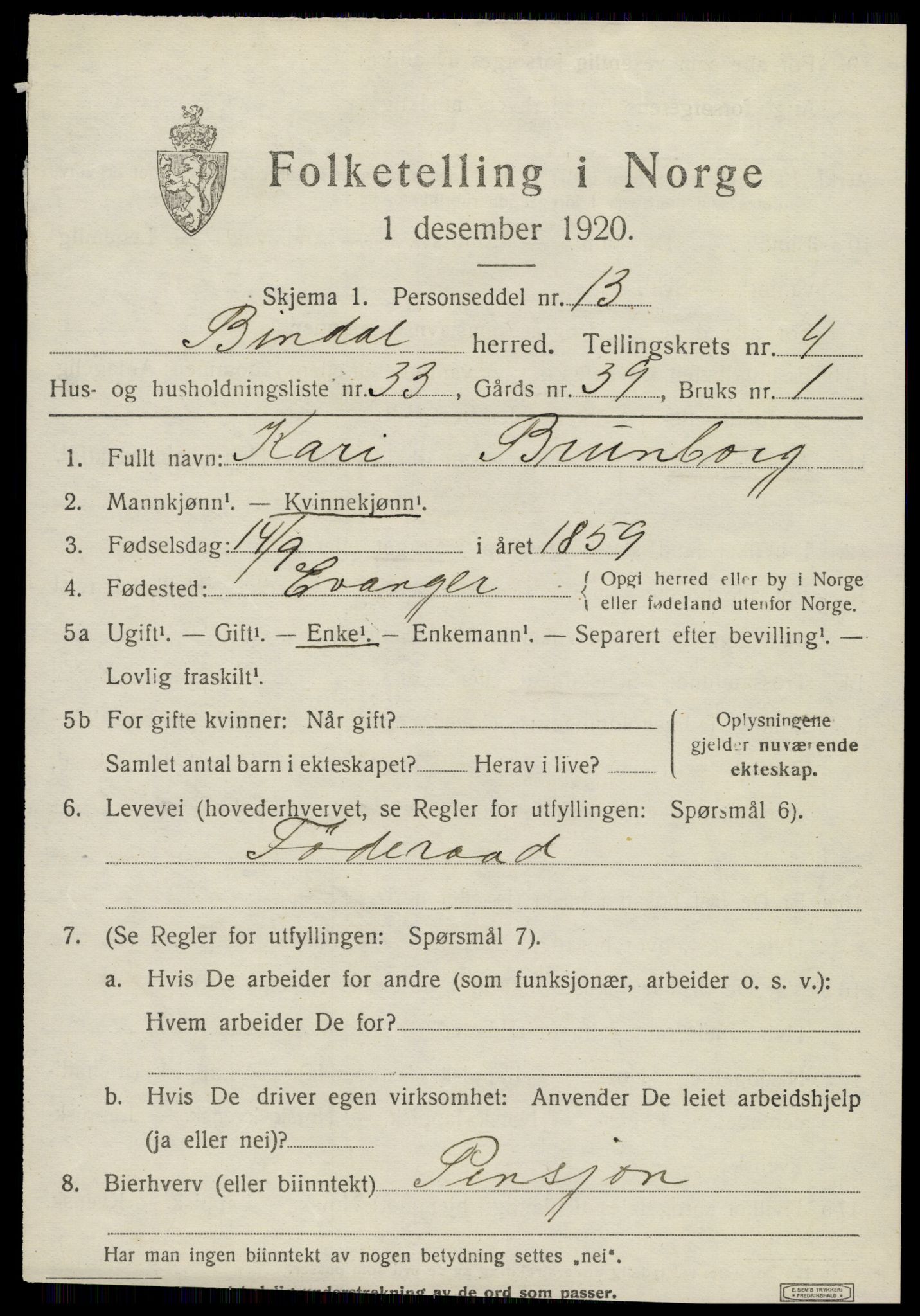 SAT, 1920 census for Bindal, 1920, p. 3823