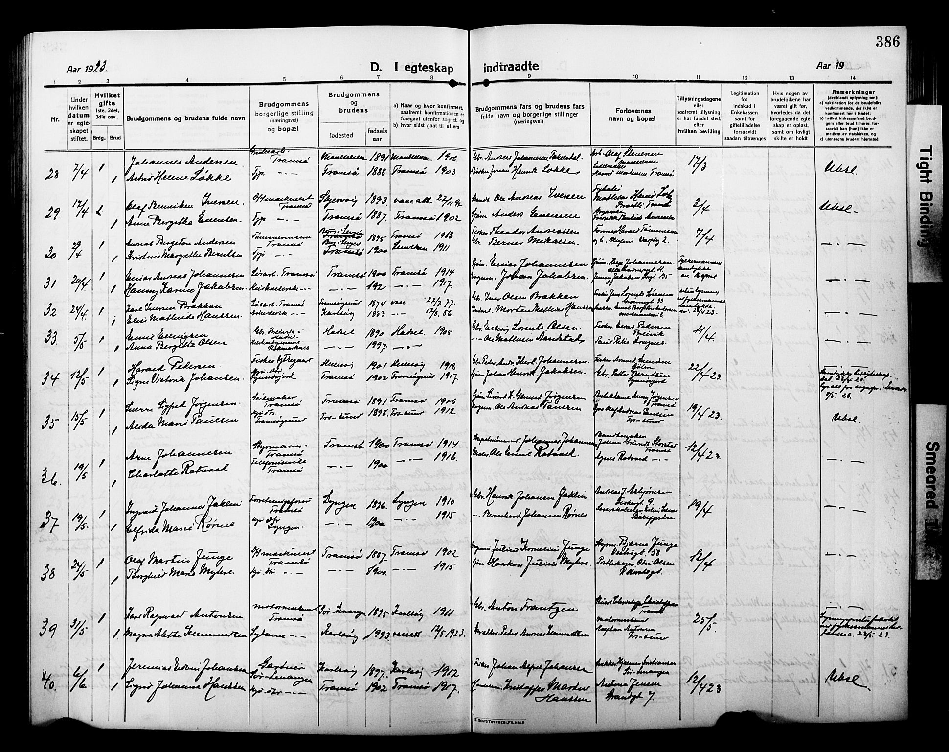 Tromsø sokneprestkontor/stiftsprosti/domprosti, AV/SATØ-S-1343/G/Gb/L0009klokker: Parish register (copy) no. 9, 1915-1925, p. 386