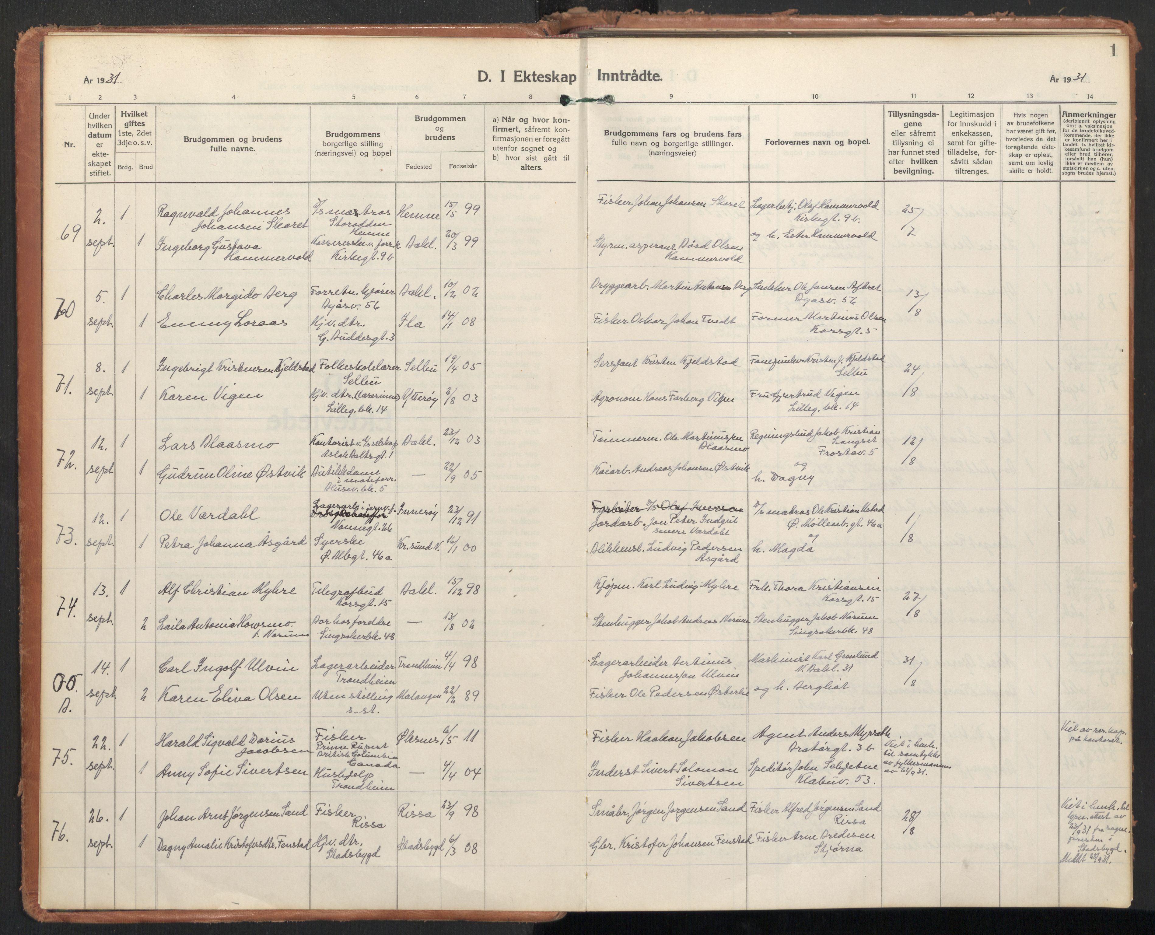 Ministerialprotokoller, klokkerbøker og fødselsregistre - Sør-Trøndelag, SAT/A-1456/604/L0209: Parish register (official) no. 604A29, 1931-1945, p. 1