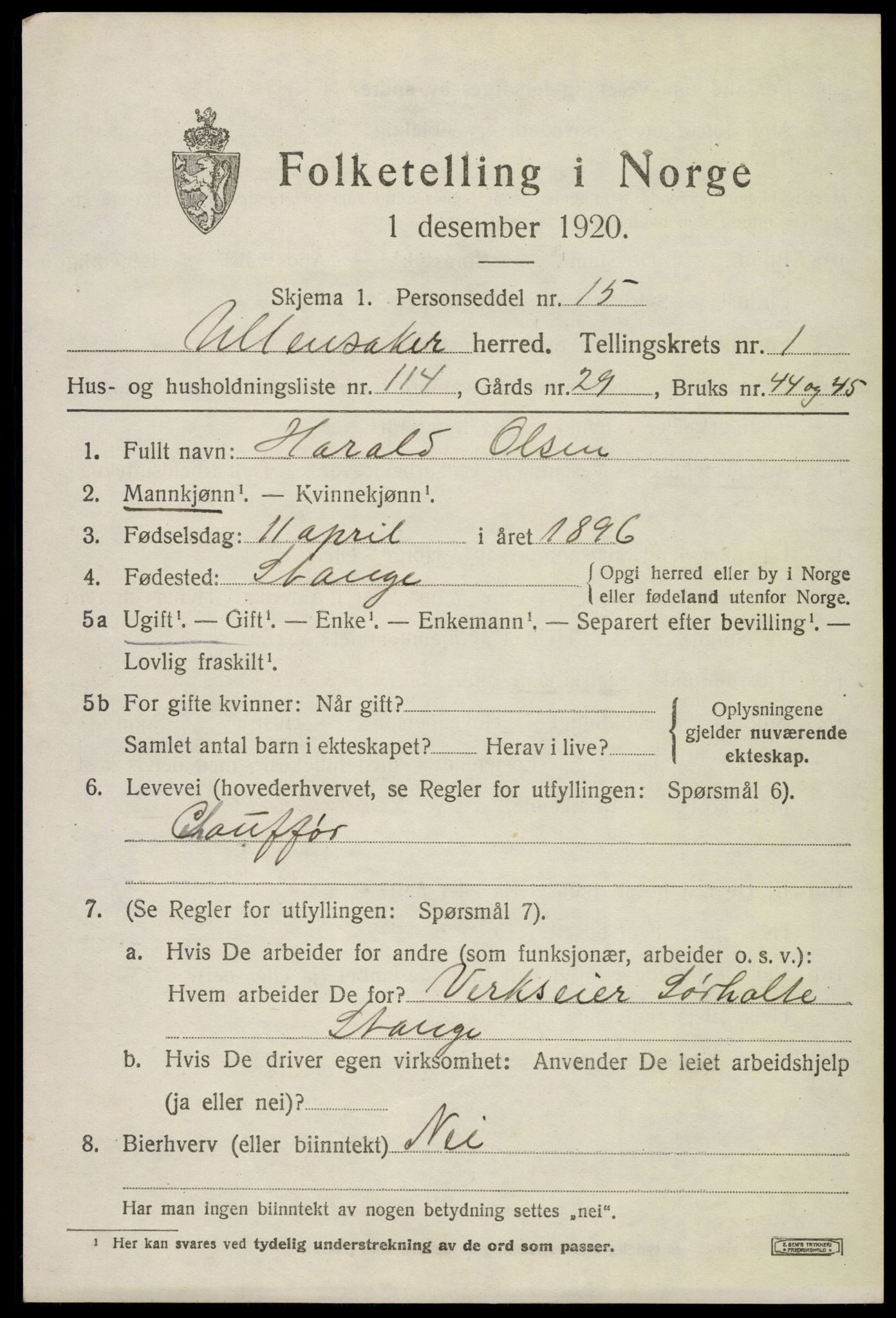 SAO, 1920 census for Ullensaker, 1920, p. 3909