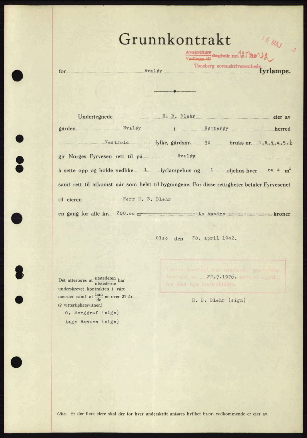 Tønsberg sorenskriveri, AV/SAKO-A-130/G/Ga/Gaa/L0011: Mortgage book no. A11, 1941-1942, Diary no: : 1257/1942