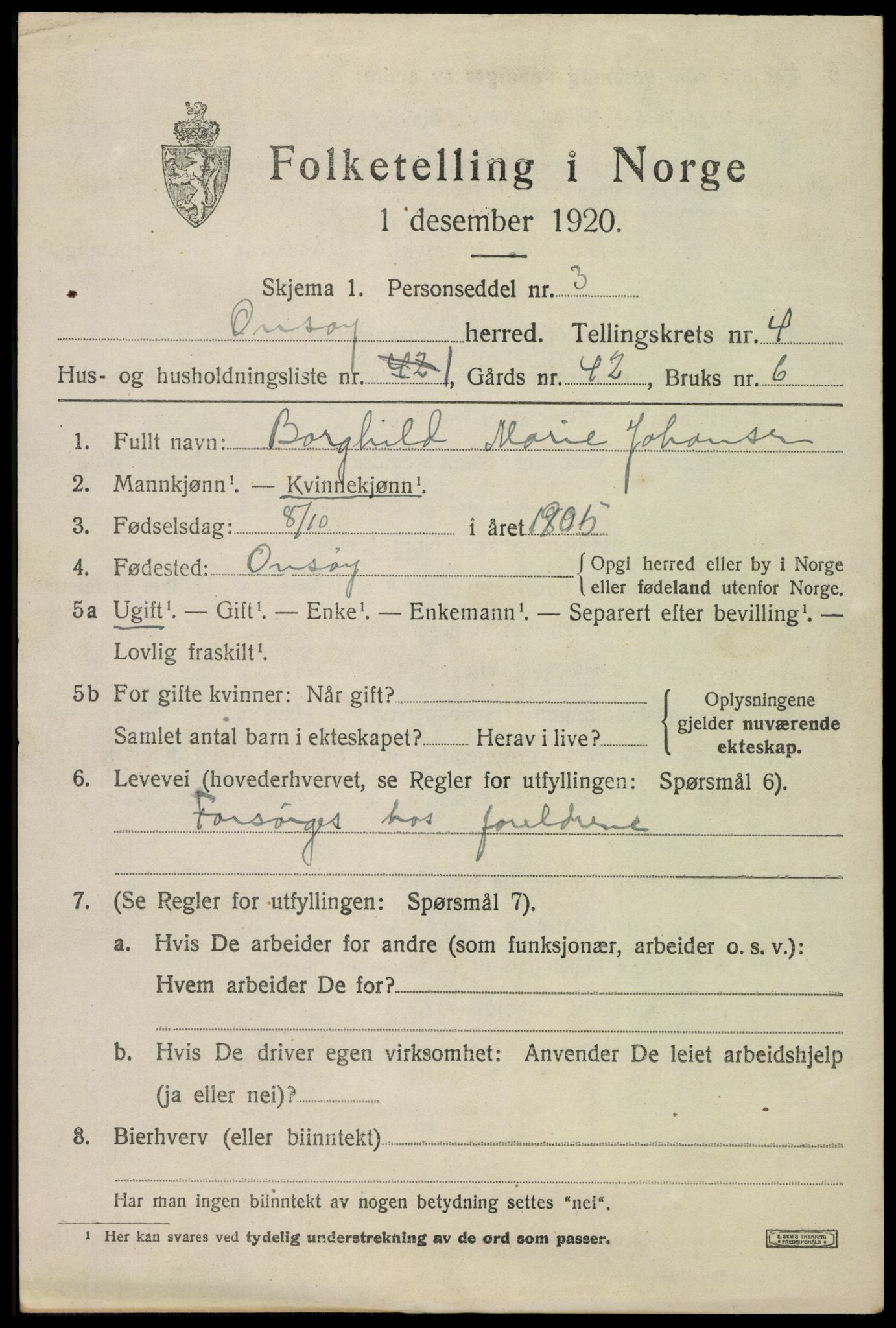 SAO, 1920 census for Onsøy, 1920, p. 4907