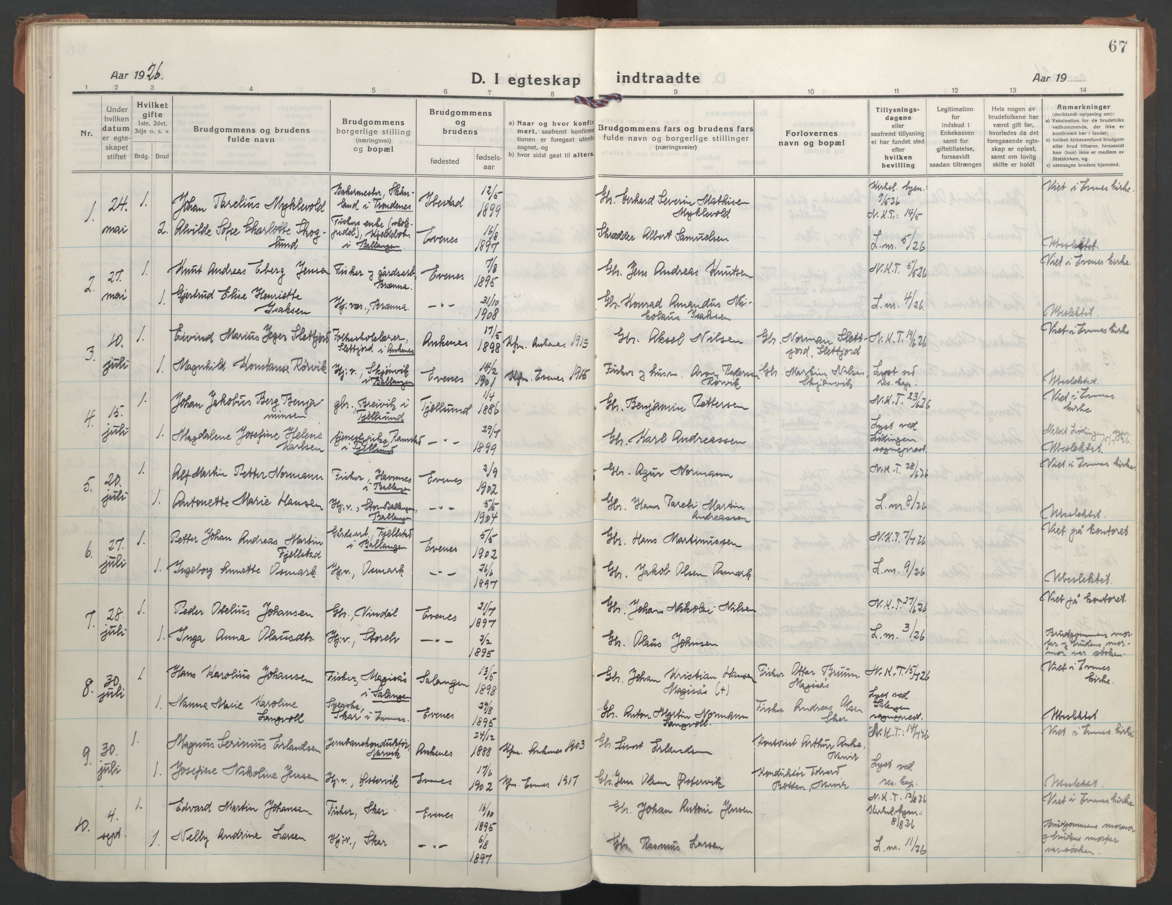 Ministerialprotokoller, klokkerbøker og fødselsregistre - Nordland, AV/SAT-A-1459/863/L0902: Parish register (official) no. 863A14, 1906-1937, p. 67