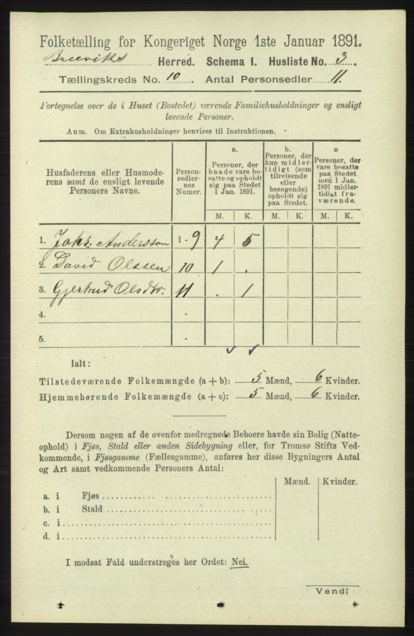 RA, 1891 census for 1251 Bruvik, 1891, p. 3591